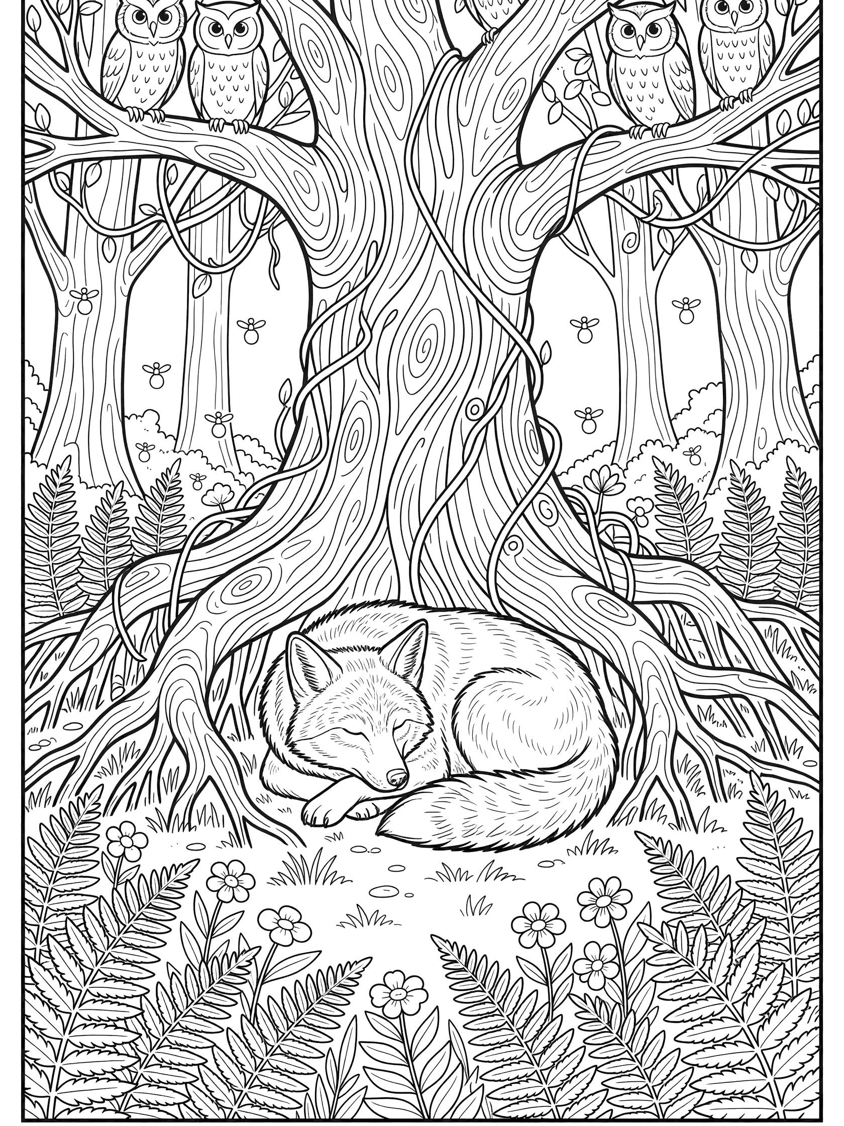 Black and white line art coloring page showing a curled sleeping fox at the base of a tall tree with detailed bark and roots, owls perched on branches above, ferns, vines, and small dots floating in the scene. Coyote themed black and white printable line art
