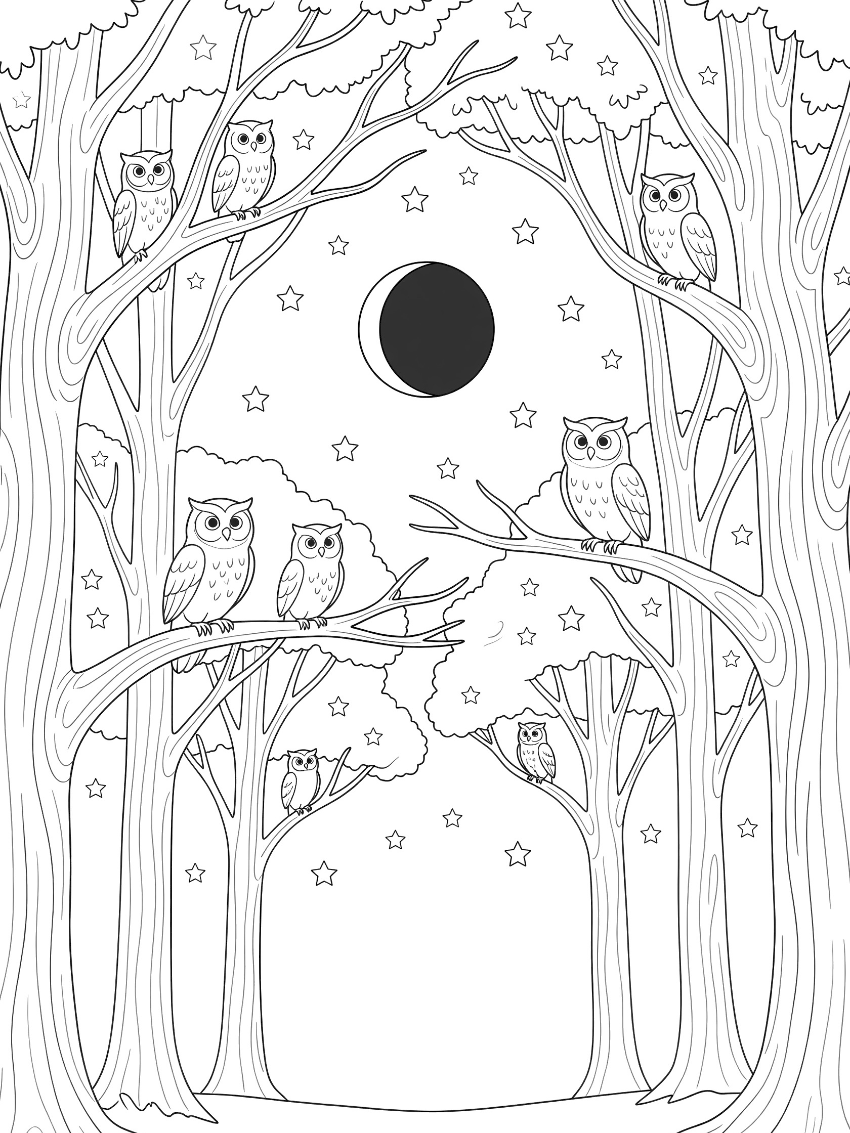 Black and white line art coloring page showing owls perched on tall trees around a large dark moon and scattered stars in the night sky. Lunar Eclipse themed black and white printable line art