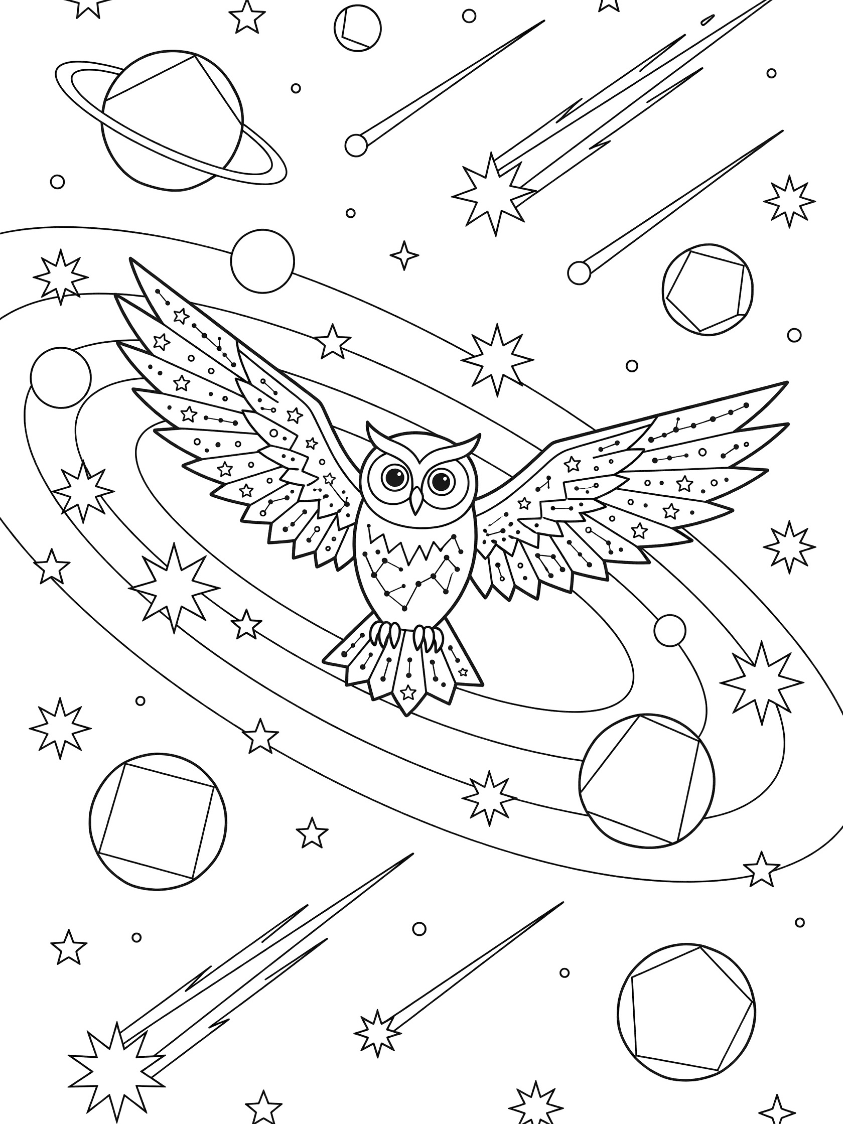 Black and white line art of an owl with spread wings flying in space, surrounded by geometric stars, orbiting planets, and streaking comets.