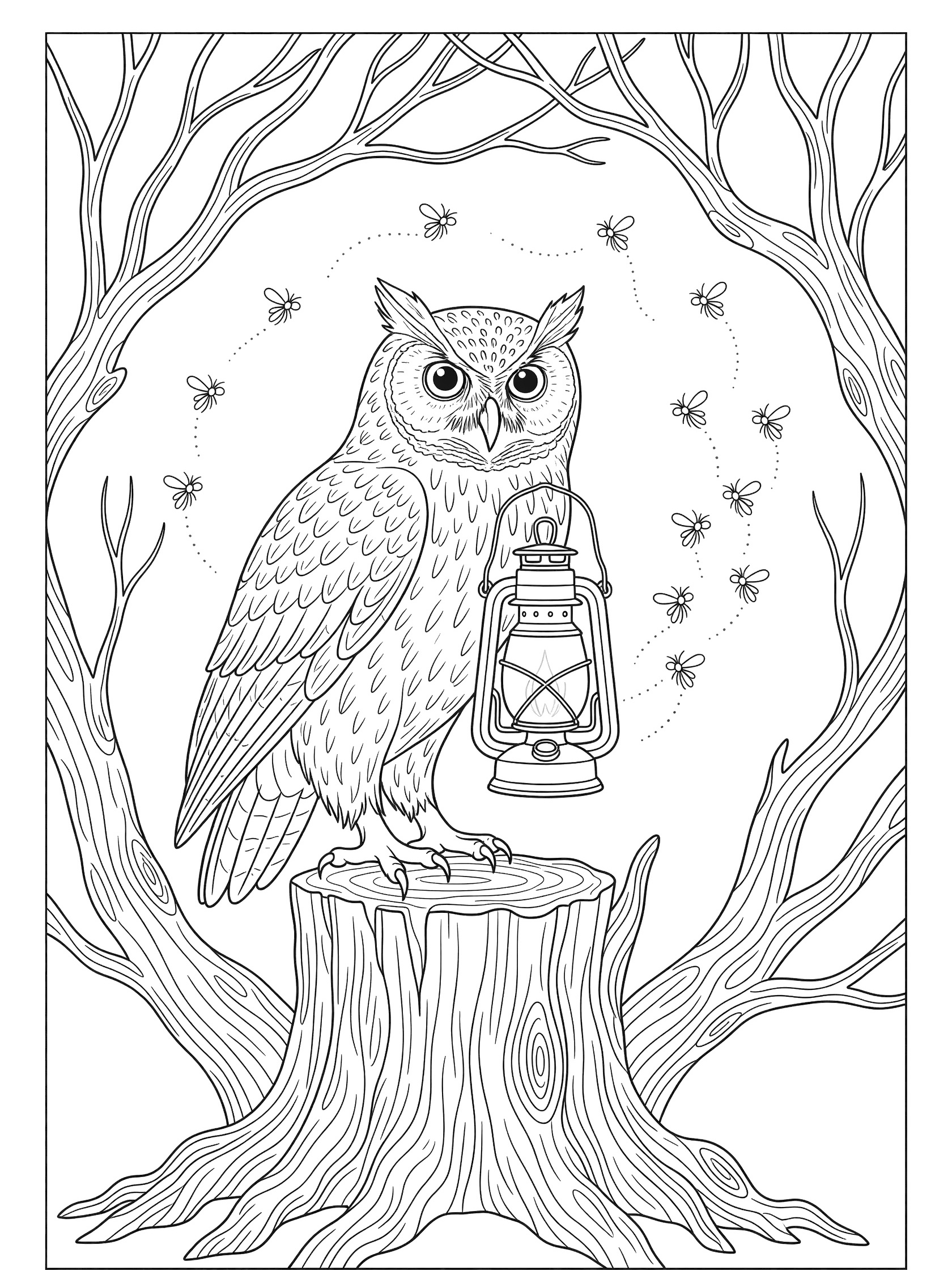 Black and white line art coloring page showing a detailed owl clutching a lantern in its talons while perched on a stump, surrounded by flying bees and curved branches.