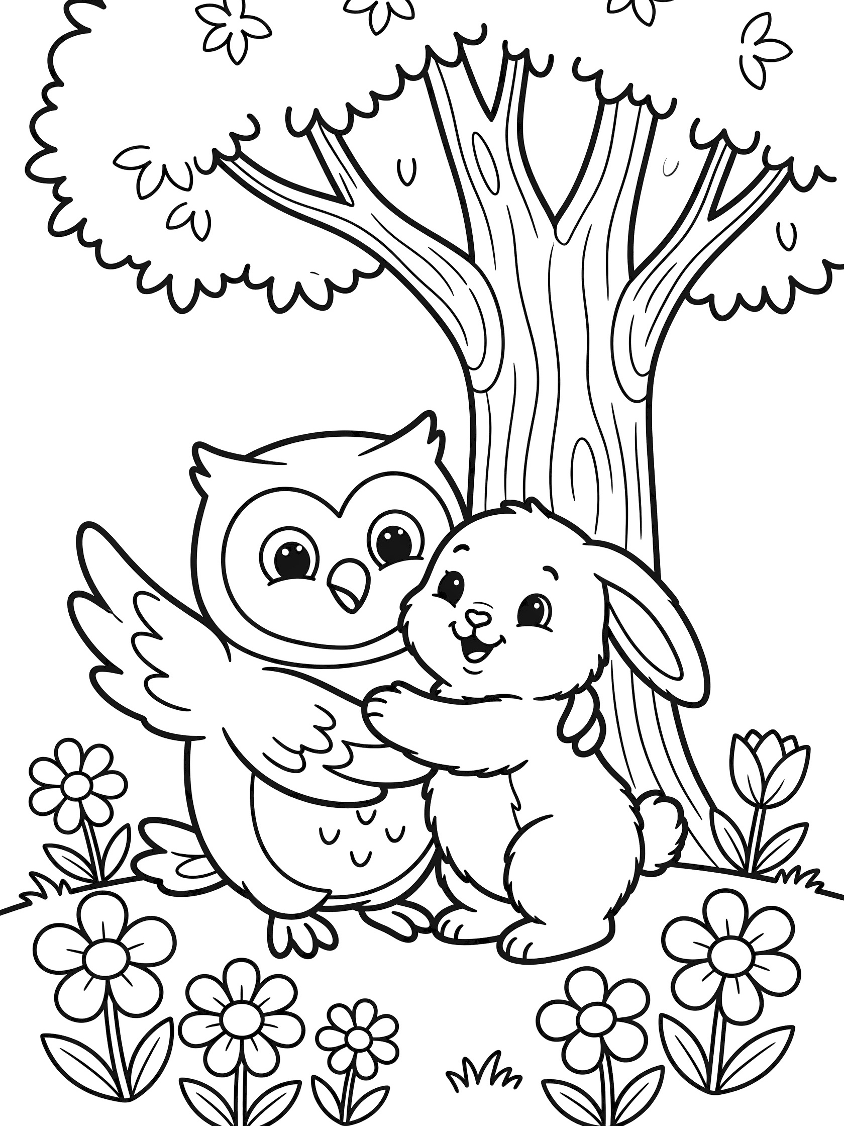 Black and white line art coloring page showing an owl with wings hugging a fluffy bunny next to a tree, flowers at their feet, pure white background.