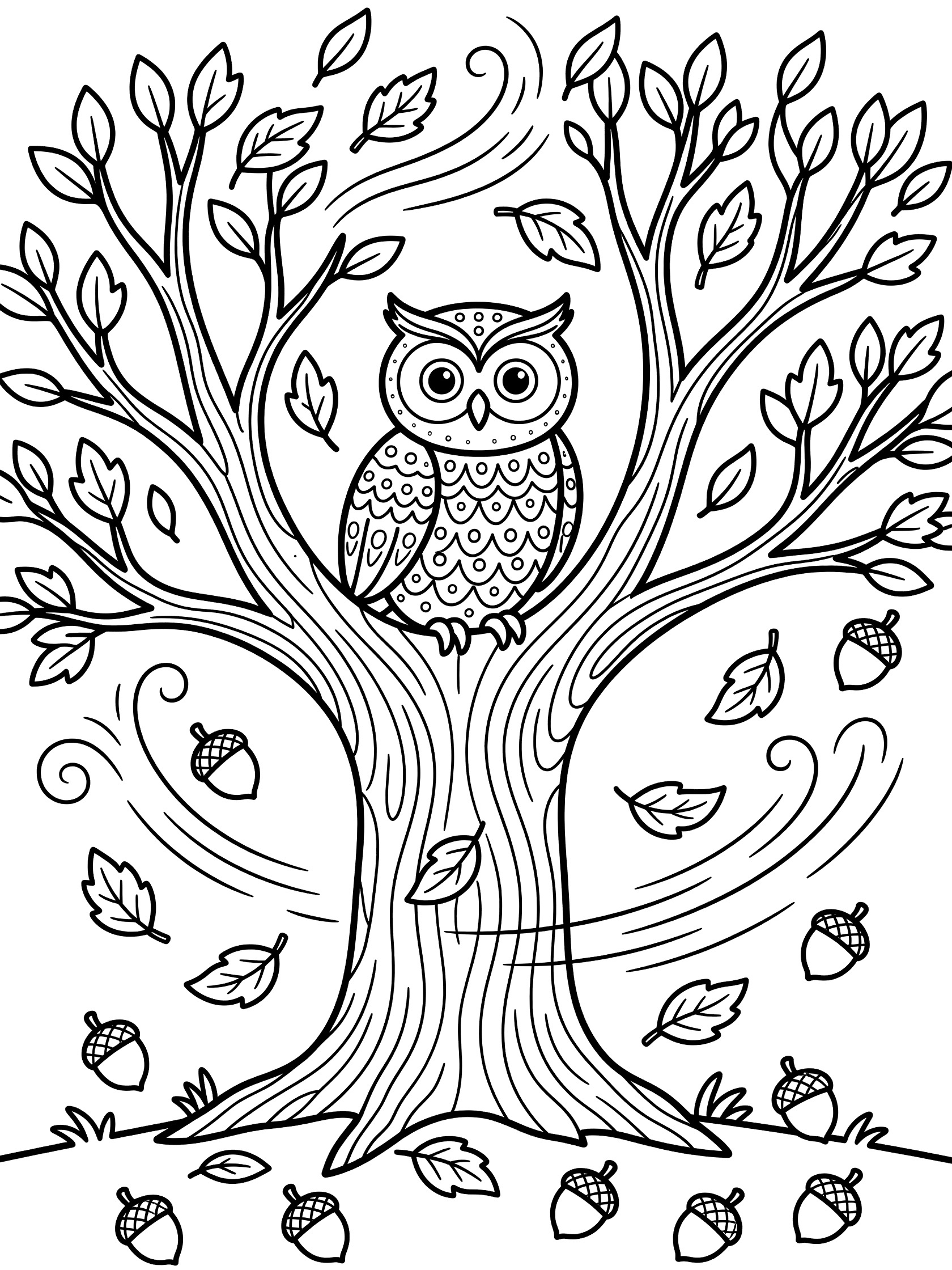 Printable coloring page showing an owl perched on a tree branch surrounded by falling leaves, swirling wind lines, and scattered acorns on the ground.