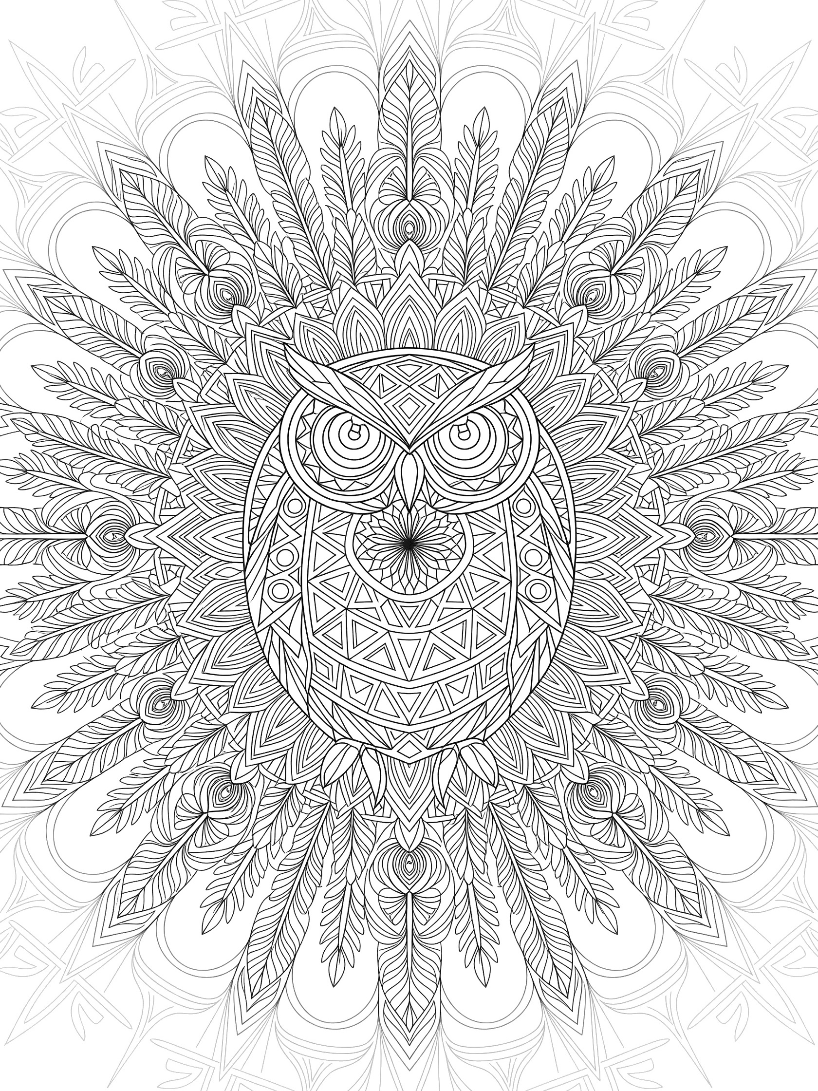 Symmetrical owl mandala coloring page in black and white with detailed feathers, eyes, and circular geometric patterns.