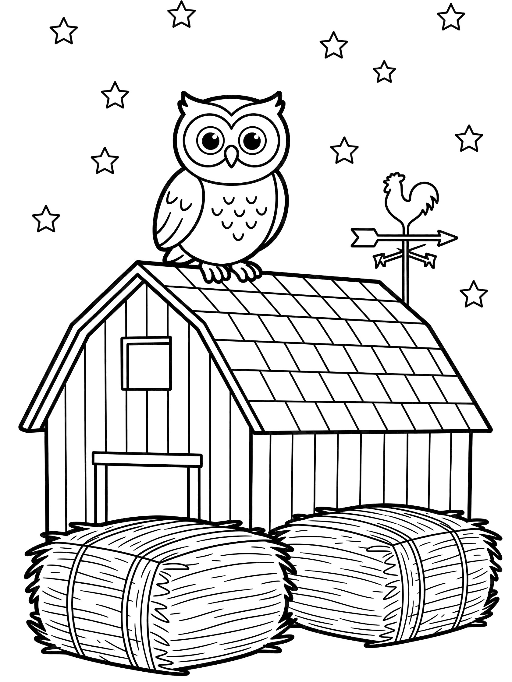 Black and white line art coloring page showing an owl on top of a barn roof at night with stars, hay bales on the ground, weather vane with rooster, and simple sky.