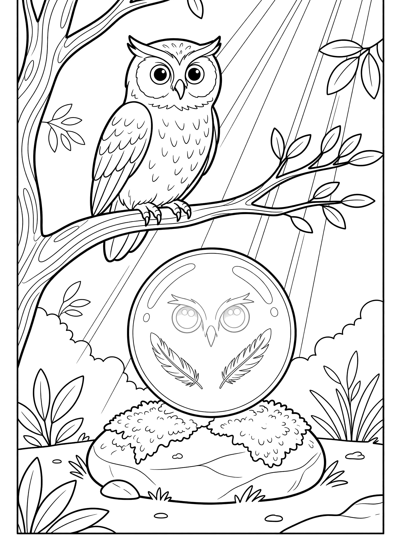 Black and white line art coloring page showing an owl perched on a branch above a round crystal ball on a mossy rock, with leaves and moon rays in the background.