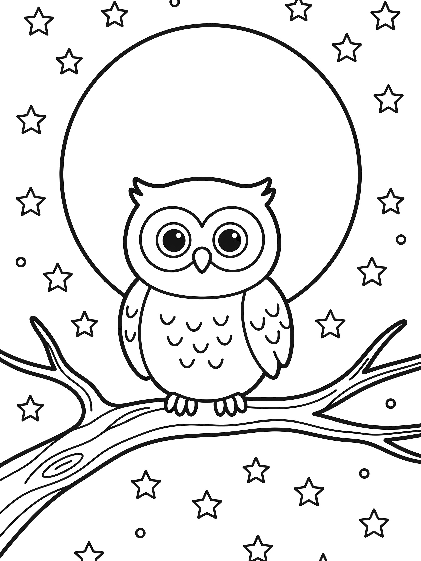 Black and white line art coloring page showing a wide-eyed owl perched on a tree branch under a large full moon with stars in the night sky.