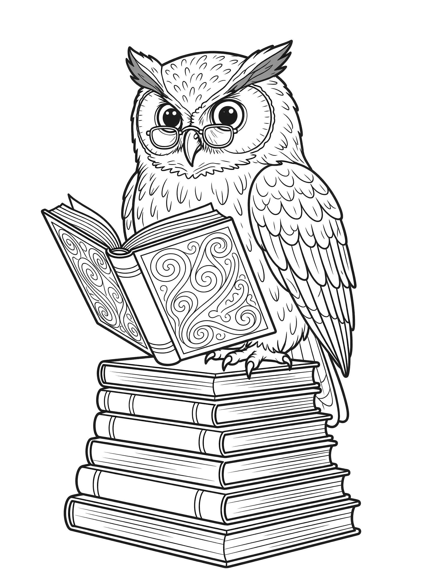 Black and white line art coloring page showing an owl with round glasses sitting on stacked books, holding an open book with swirly designs.