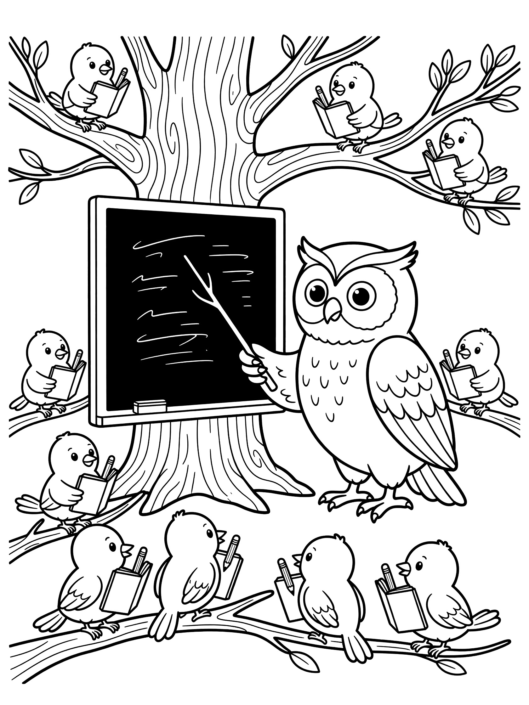 Black and white line art coloring page showing an owl standing in front of a blackboard on a tree, pointing with a stick, surrounded by small birds with notebooks on branches.