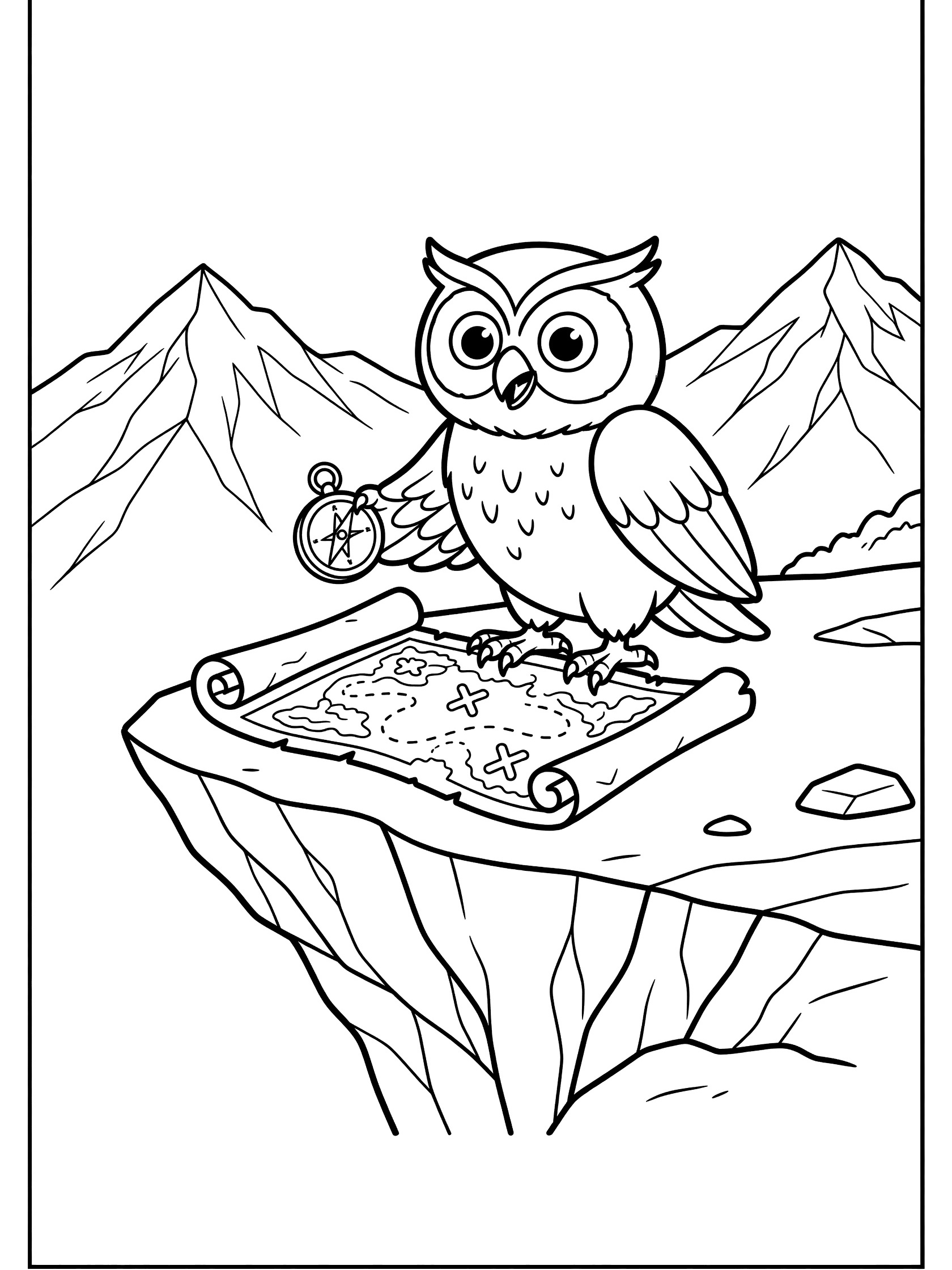 Black and white line art coloring page of an owl standing on a cliff, holding a compass in one talon and a treasure map in the other, with mountains visible.