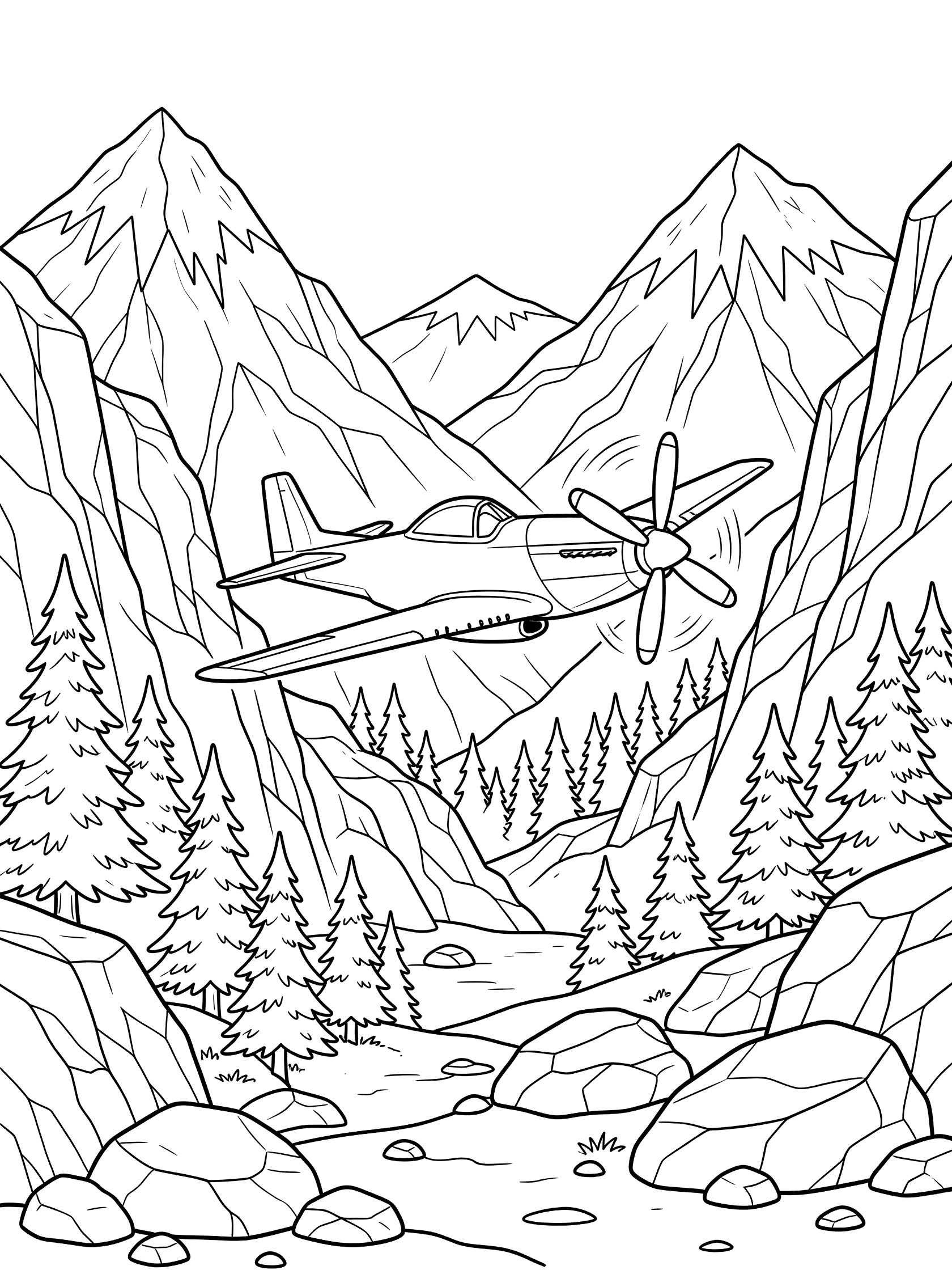 Line art coloring page showing a P-51 Mustang propeller plane banking through a rugged mountain valley with tall snowy peaks, steep cliffs, pine trees, boulders, and a river below.