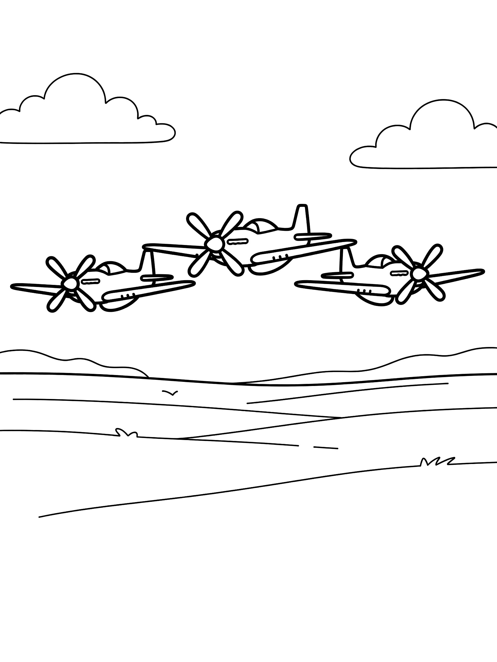 Black and white line art of three P-51 Mustang fighter planes in V-formation flyby over open field with fluffy clouds, easy coloring page for children