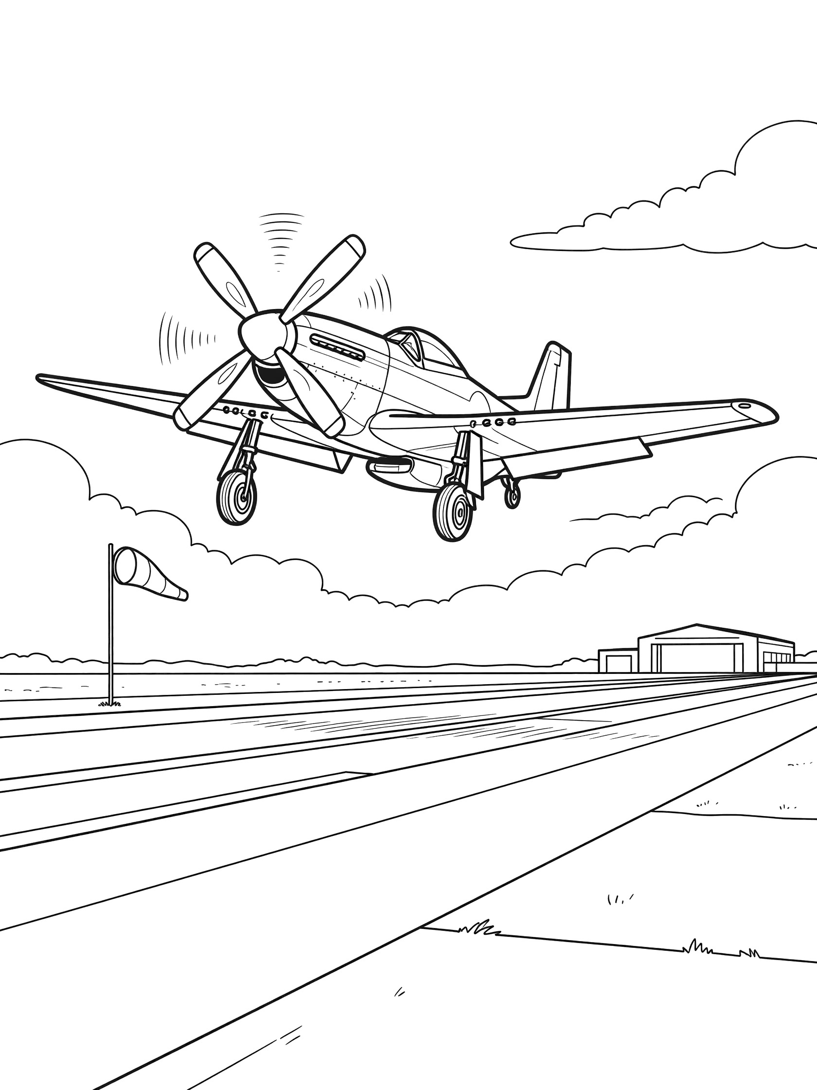Black-and-white coloring page of a P-51 Mustang plane lifting off the runway with propeller spinning, rear wheels up, runway stripes, windsock, clouds, and distant hangar.