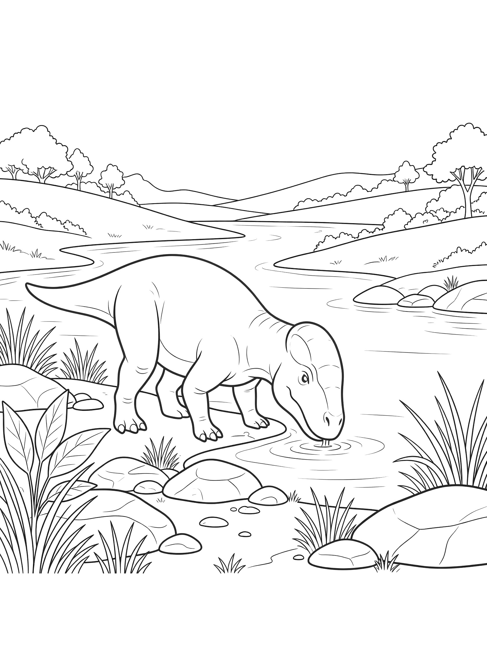 Black and white line art of a Pachycephalosaurus with domed head lowered to drink from a river, surrounded by rocks, tall grasses, leaves, hills, and trees.