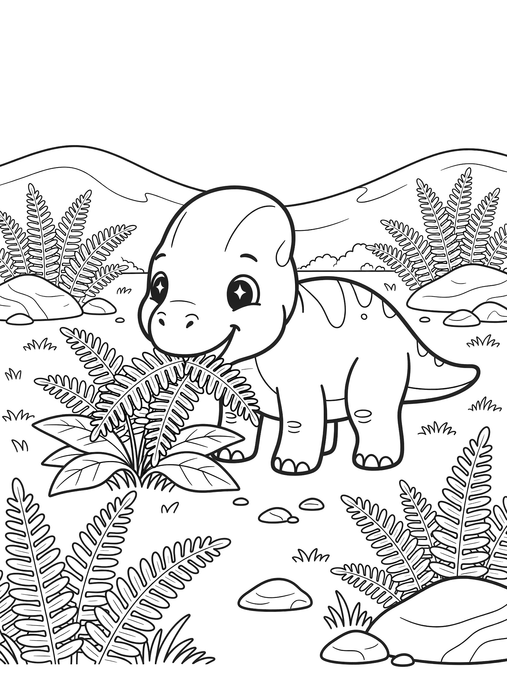 Cute cartoon Pachycephalosaurus with big eyes and dome head eating fern leaves, surrounded by ferns, rocks, and hills in a dinosaur coloring page