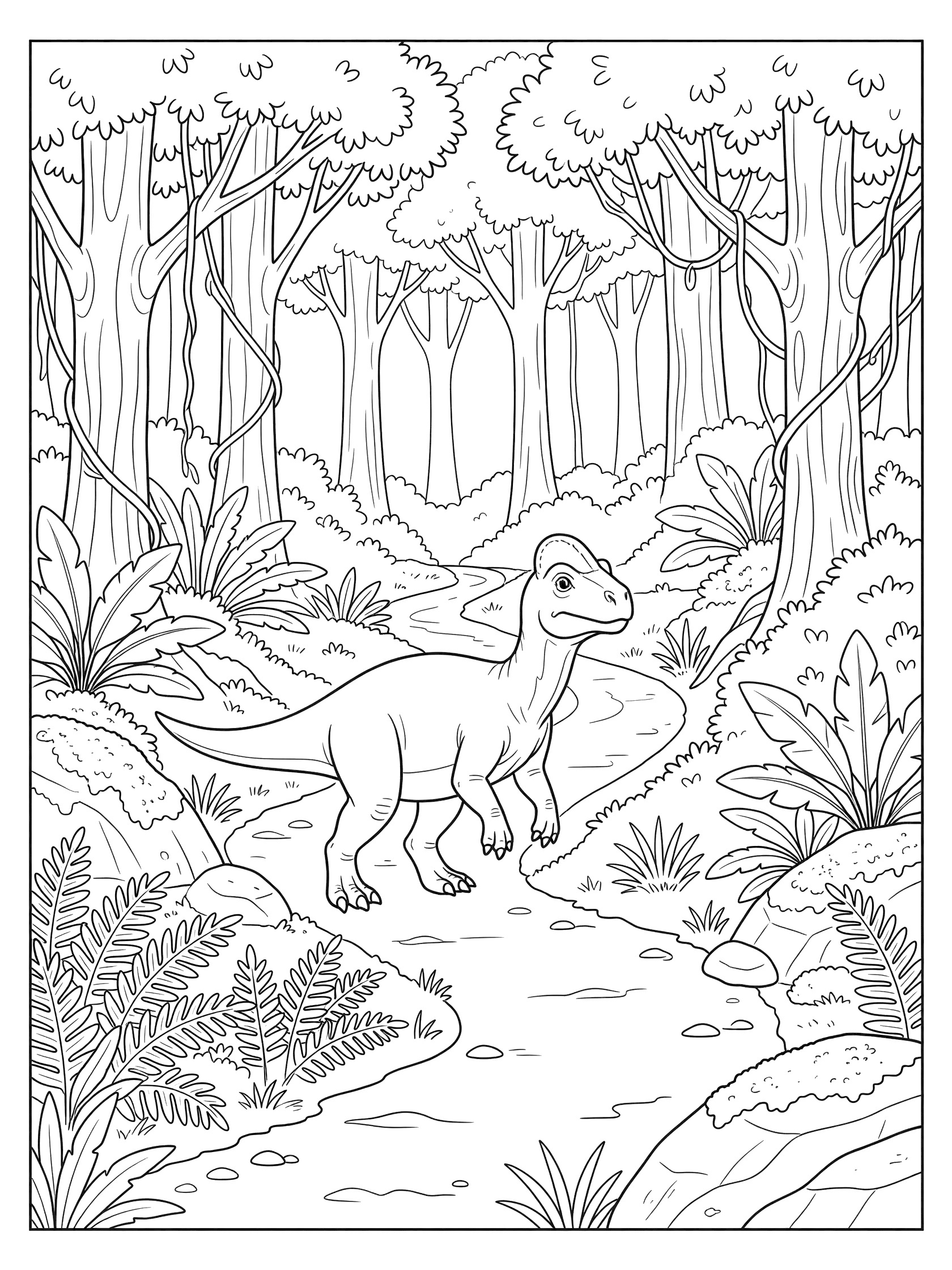 Black and white line art coloring page showing a Pachycephalosaurus dinosaur walking through a detailed prehistoric forest with tall trees, ferns, mossy rocks, and a winding path.