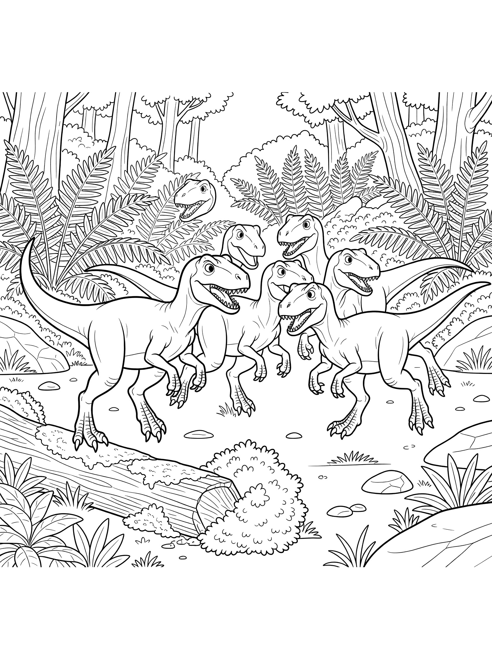 Black and white line art of a pack of Deinonychus dinosaurs dashing together over a mossy log in a prehistoric forest clearing with ferns and rocks.