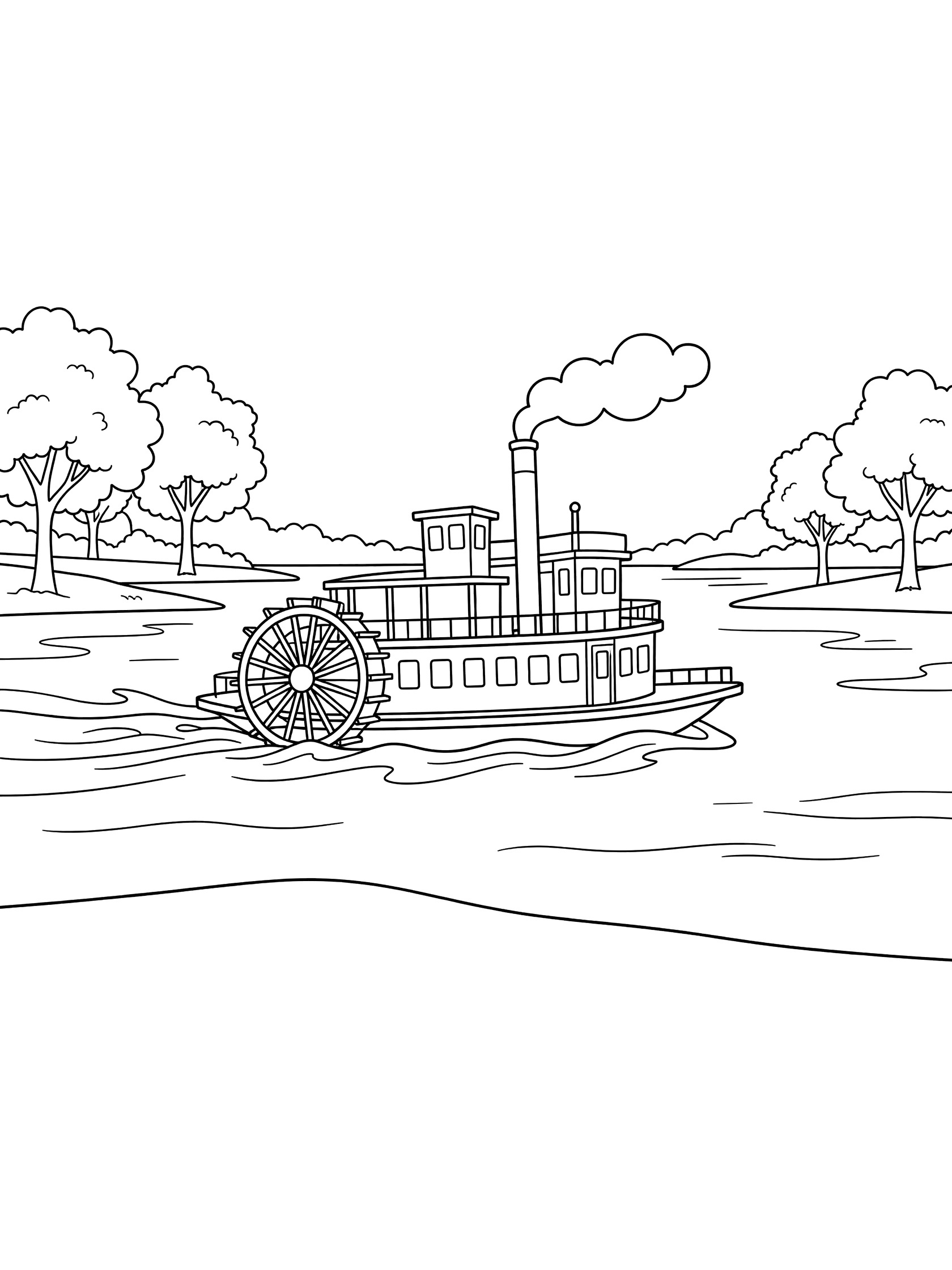 Black and white line art coloring page of a paddle wheel steamboat on a river with smoke from the stack, big wheels, trees on shore, and wavy water. Mississippi River themed black and white printable line art