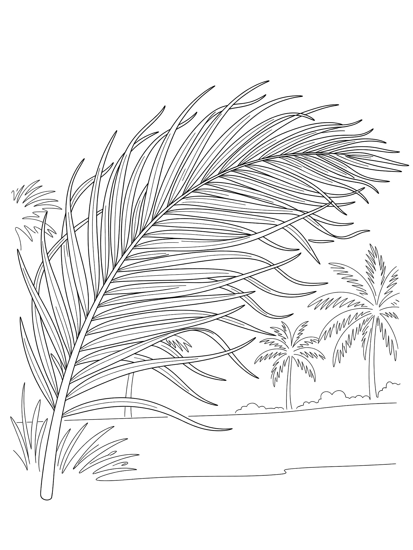 Black and white line art coloring page showing a large palm frond bending dramatically with leaves fluttering, small palm trees in the background, and grass at the base.