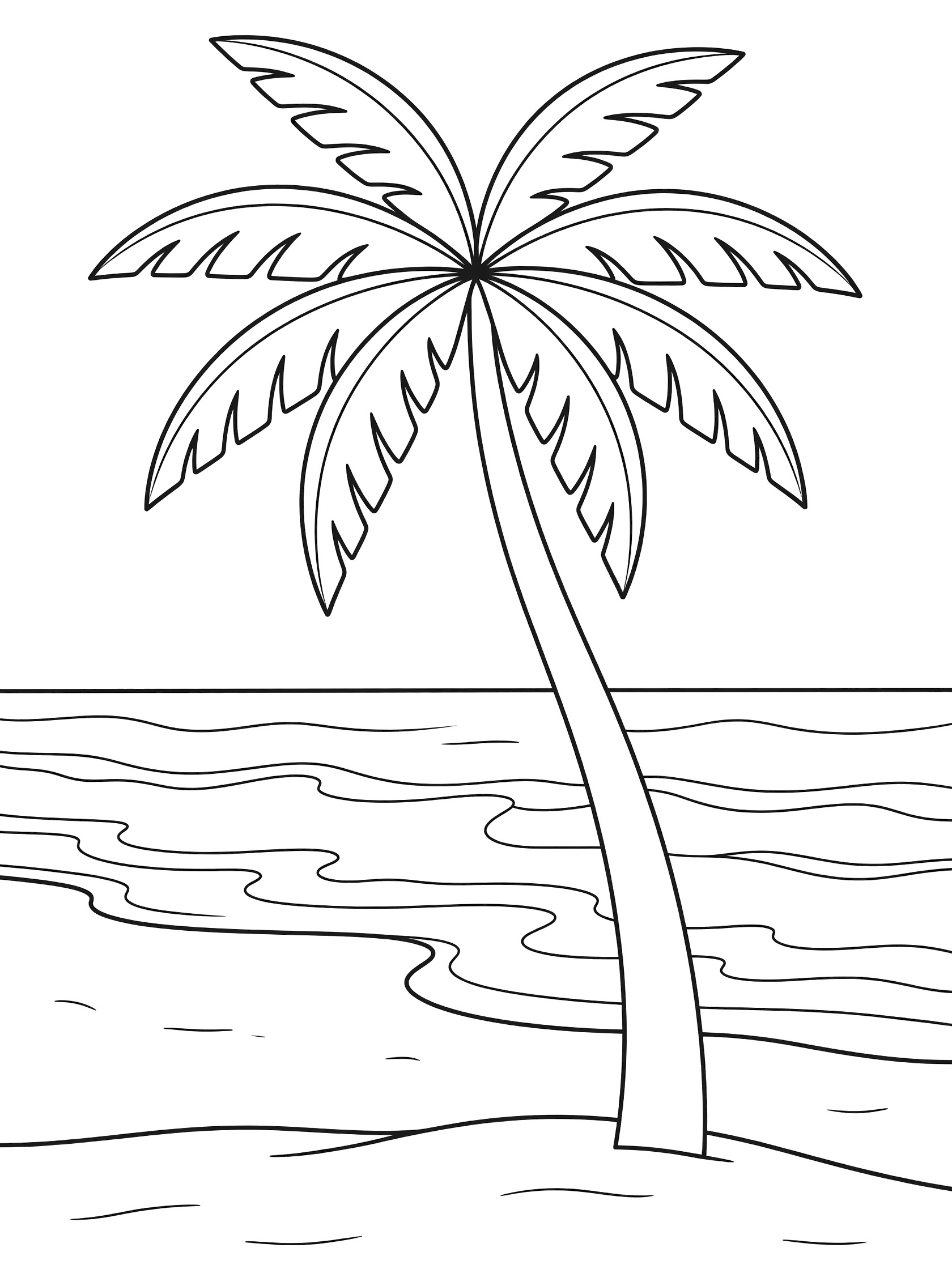 Black and white line art coloring page showing a single tall palm tree with fan leaves on sandy beach and wavy ocean waves