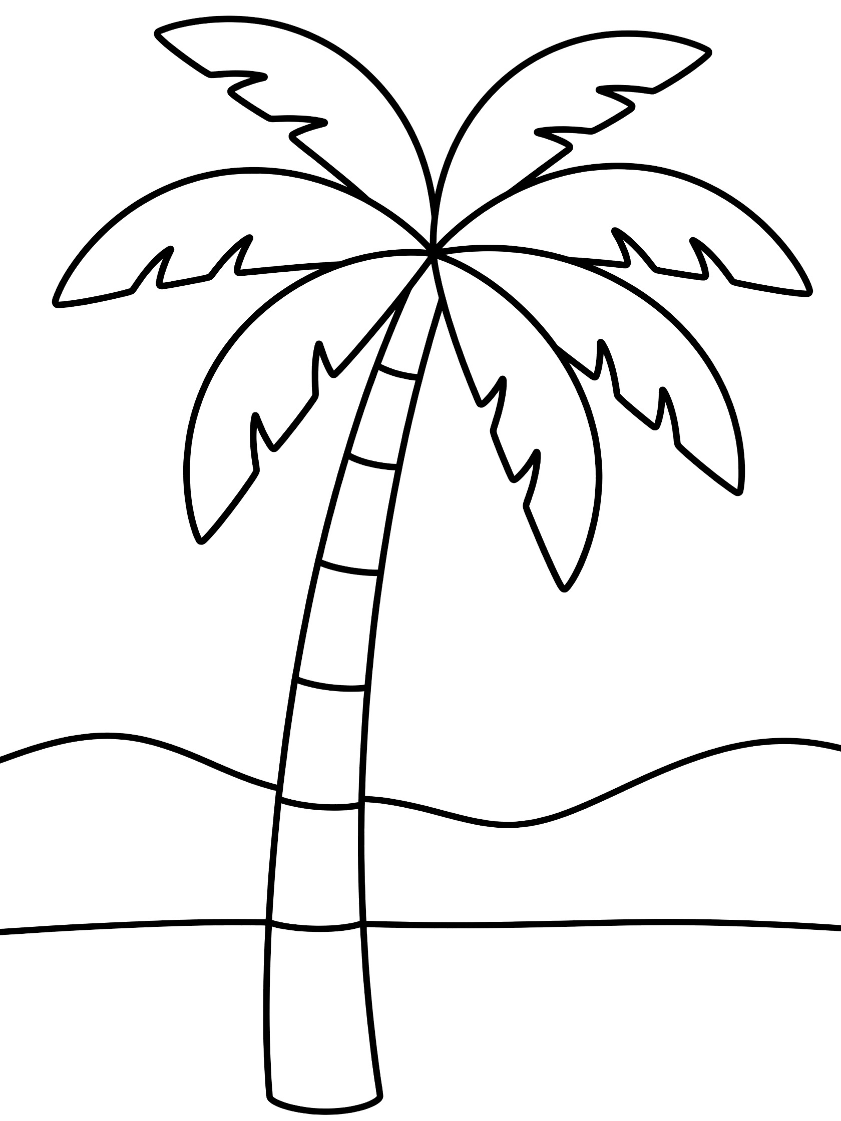 Black and white coloring page of a tall palm tree with thick trunk and large leaves on a beach with wavy hills.