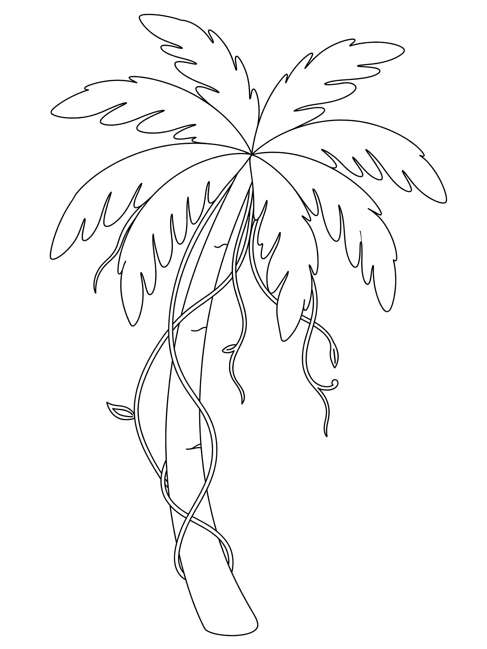 Black and white line art coloring page of a palm tree with curved trunk, cluster of fronds, and vines hanging from the side.
