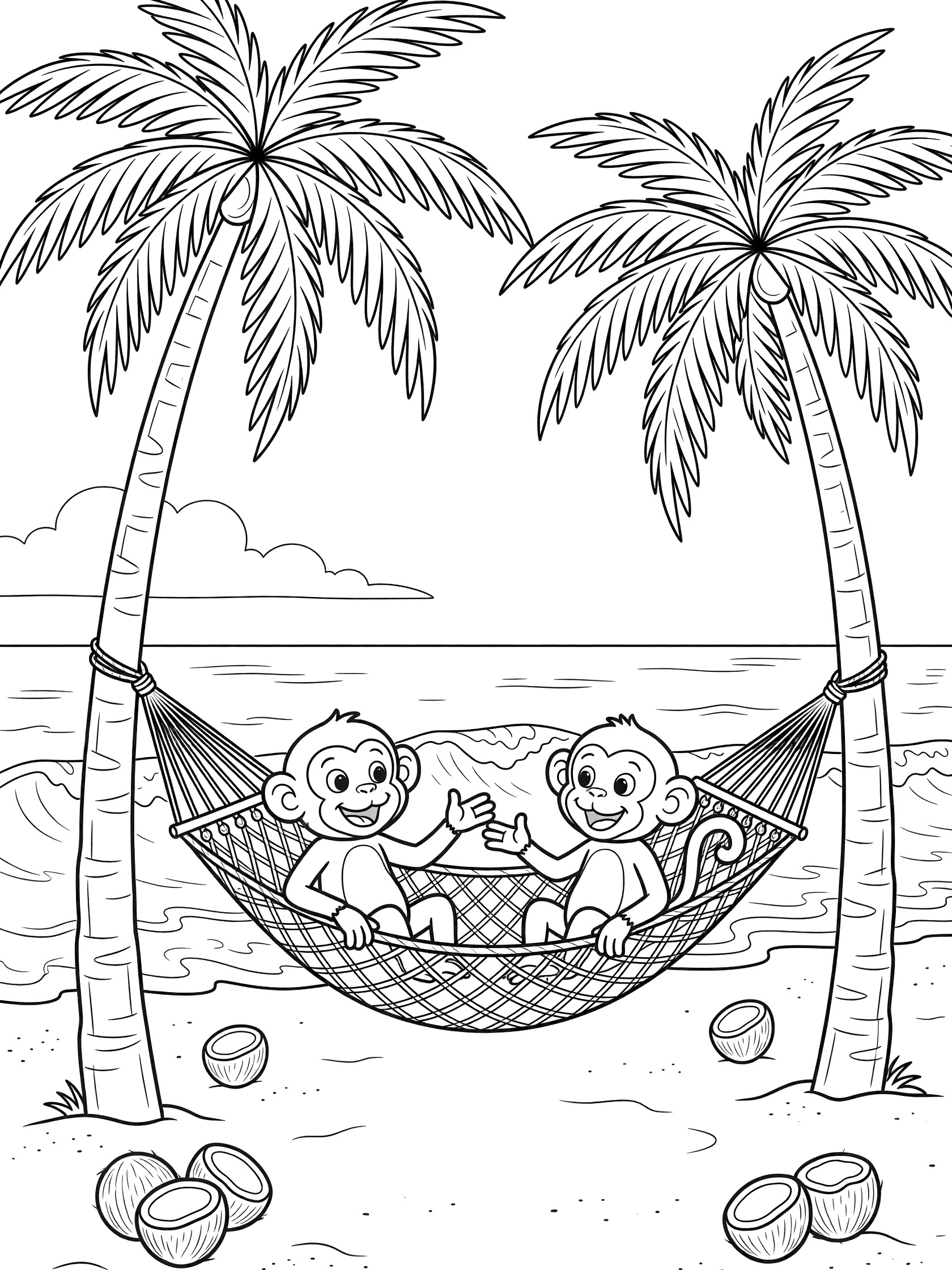 Black-and-white line art coloring page showing two palm trees on a sandy beach, woven hammock between them with two monkeys lounging, coconuts on sand, and ocean waves in background.