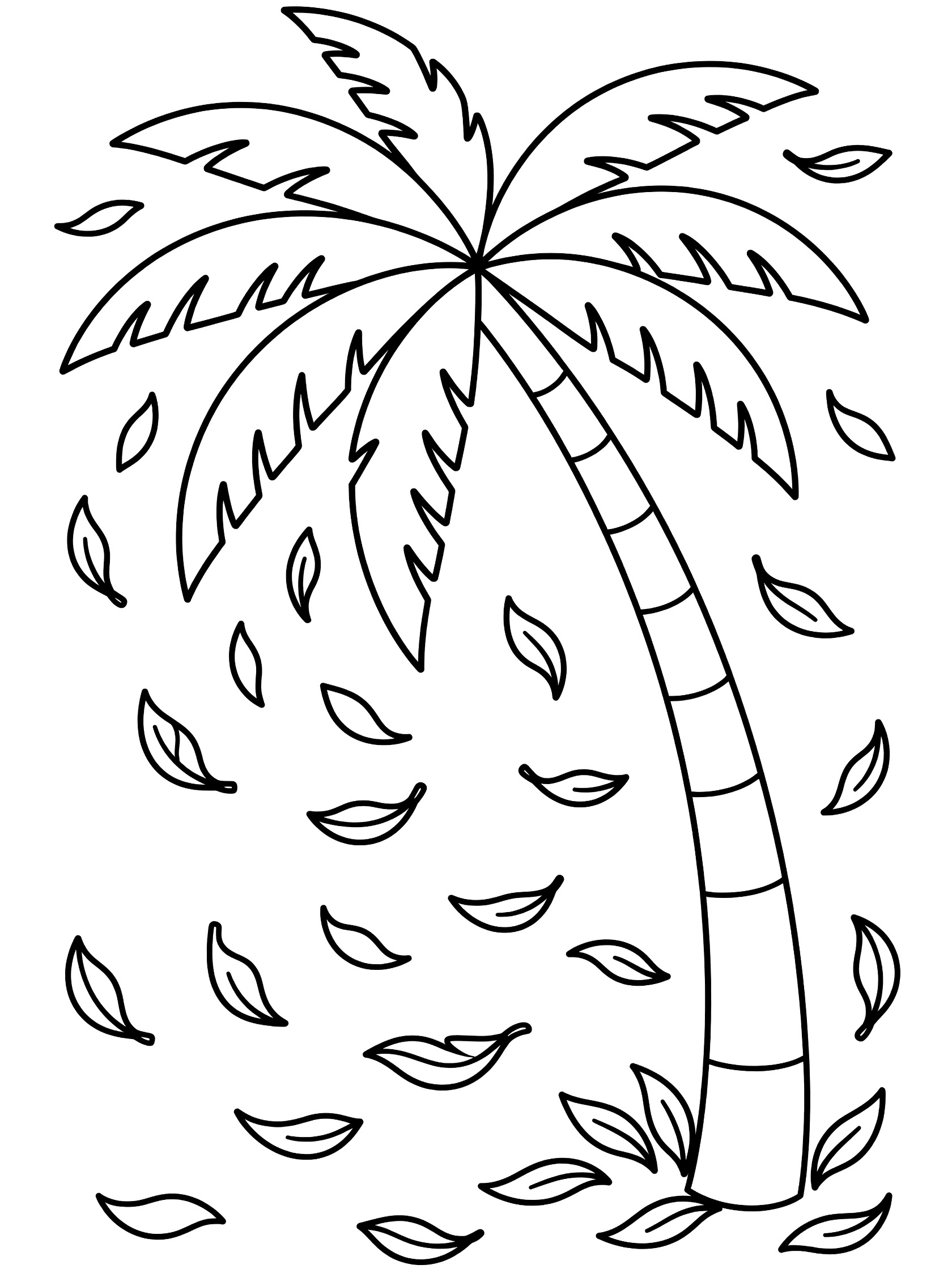 Black and white line drawing of a curved palm tree trunk leaning to one side with fronds blowing in the wind and scattered leaves swirling at the base.