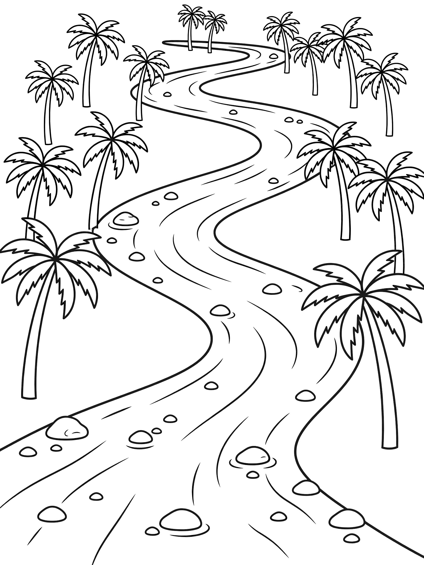 Black and white line art coloring page showing a winding river with pebbles surrounded by tall palm trees with swaying fronds. Euphrates River themed black and white printable line art
