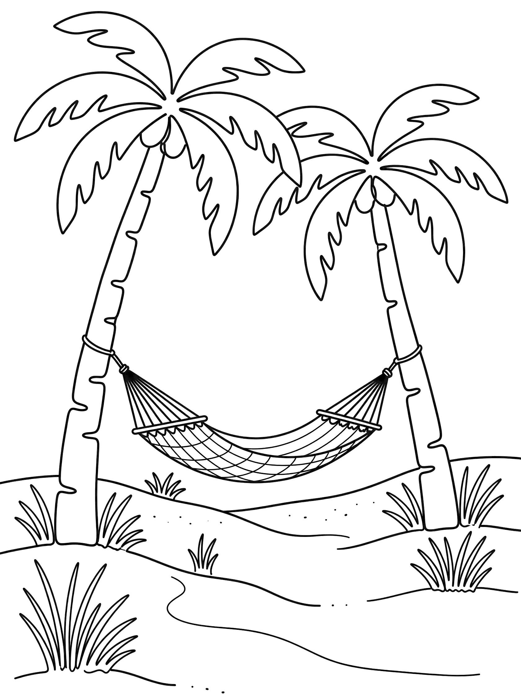 Whimsical coloring page showing two palm trees with floppy fronds leaning over San Clemente beach, hammock between trunks, sandy dunes and beach grass below.