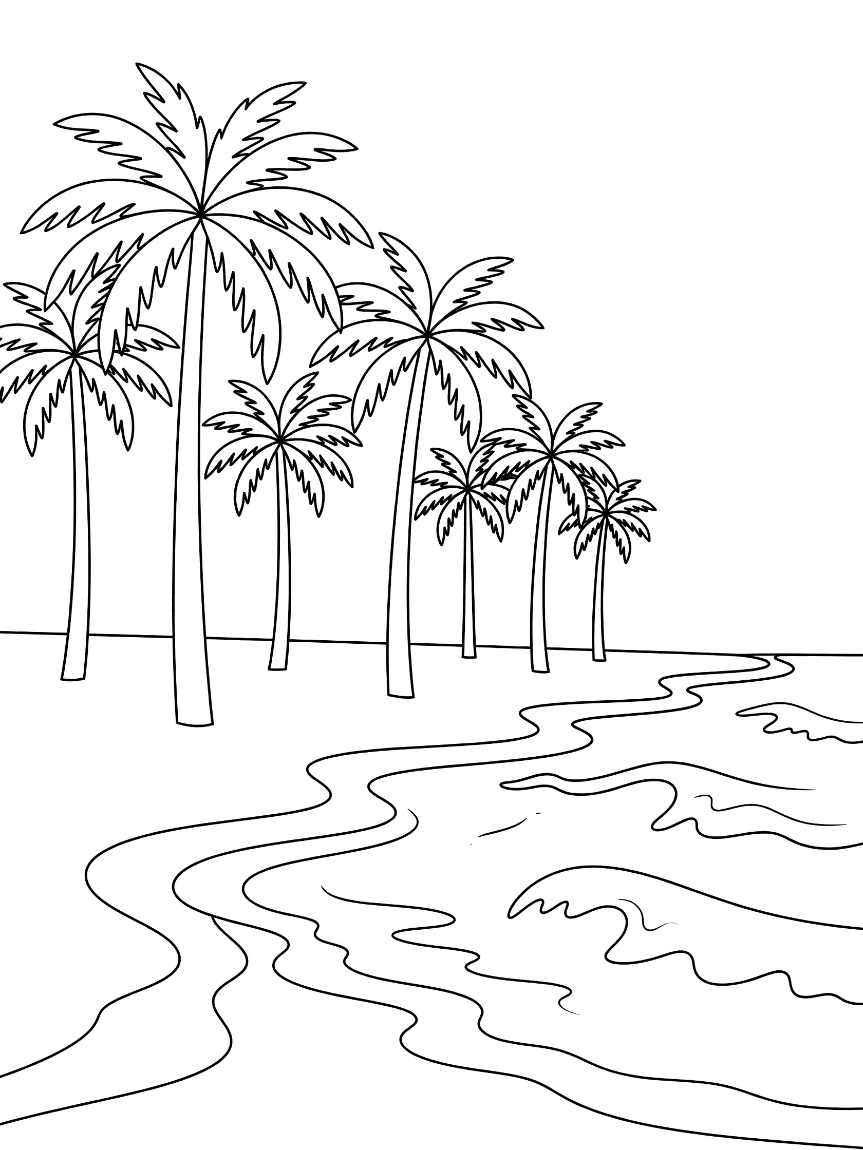 Black and white line drawing of several tall palm trees with detailed fronds standing along a beach with rolling ocean waves at the base. Venice Beach themed black and white printable line art