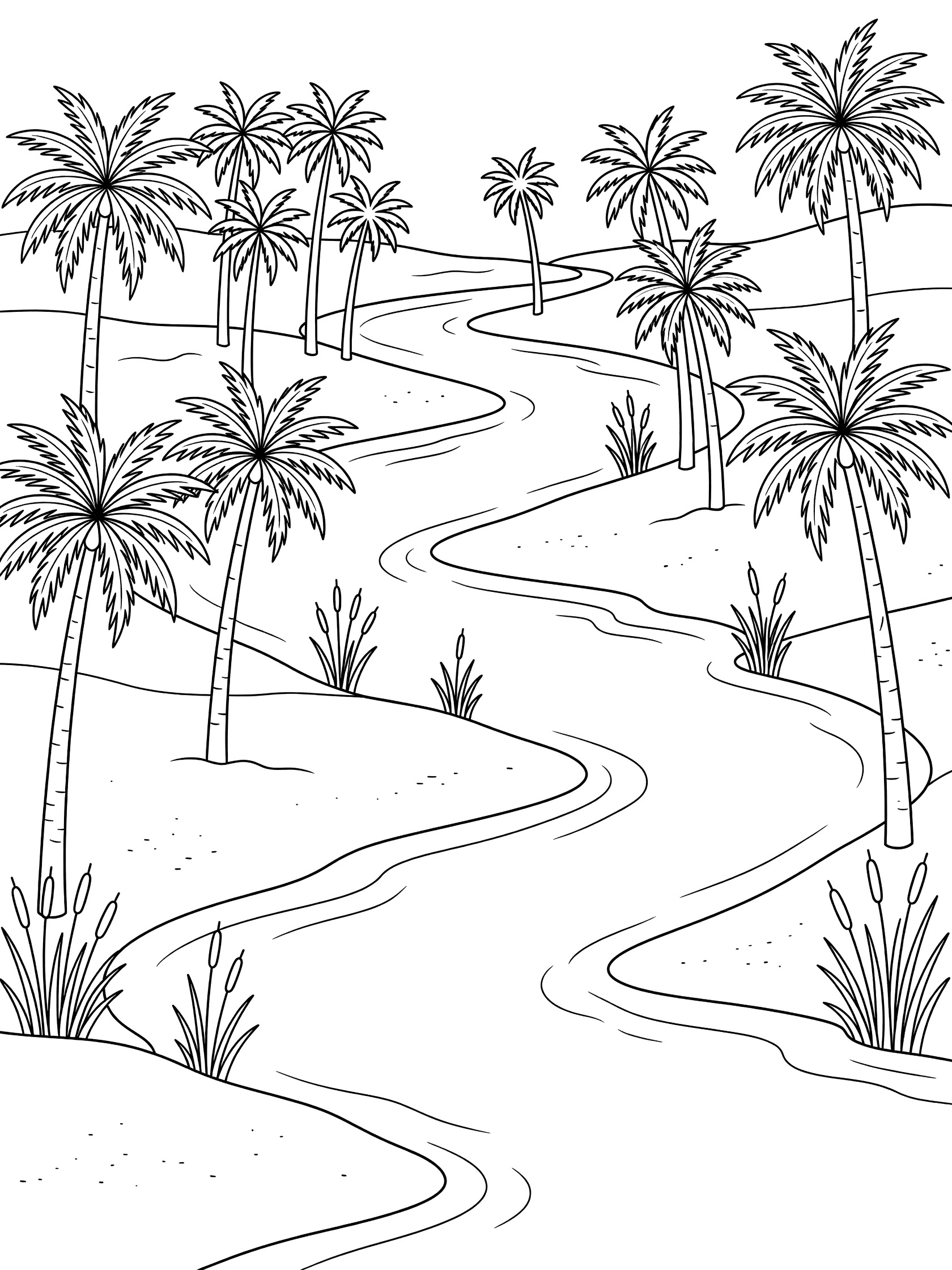 Black and white line art coloring page showing a curving river between sandy banks lined with tall palm trees and tall reeds. The Nile River themed black and white printable line art