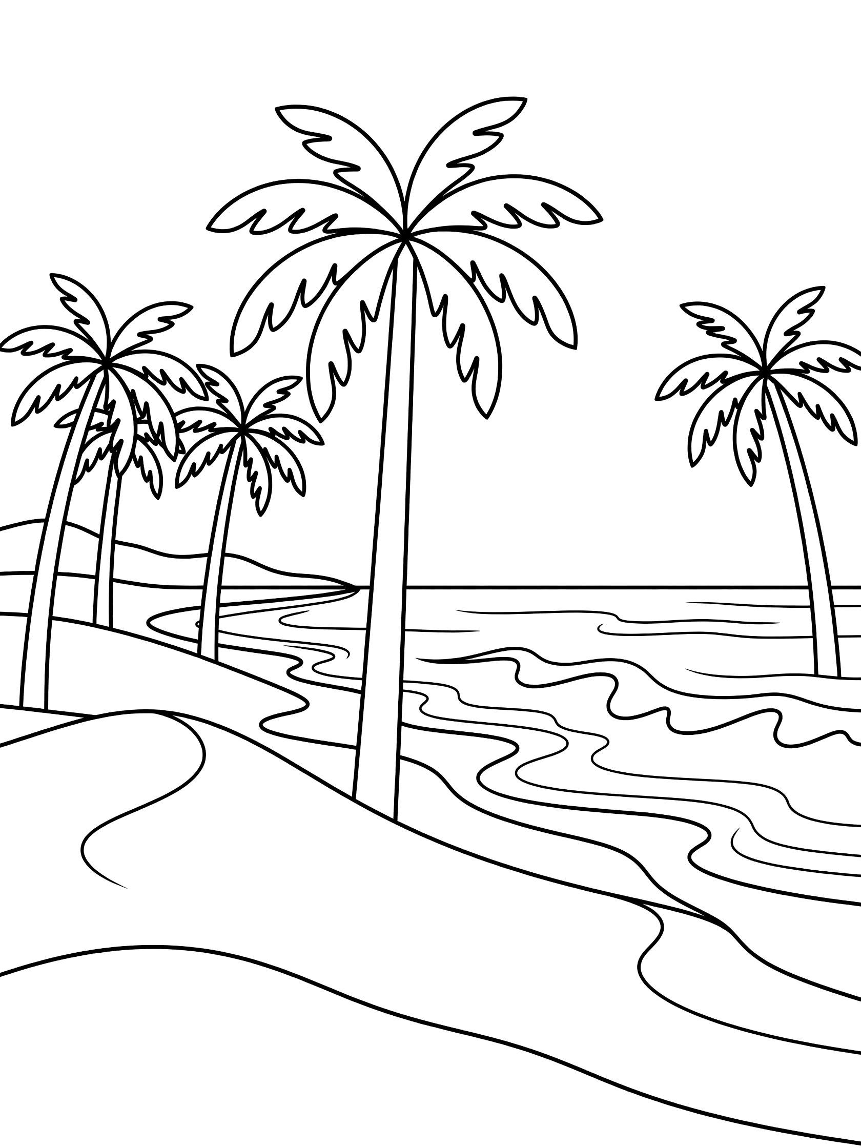 Black and white printable coloring page showing tall palm trees on sandy beach with gentle ocean waves rolling in. Desert Islands themed black and white printable line art