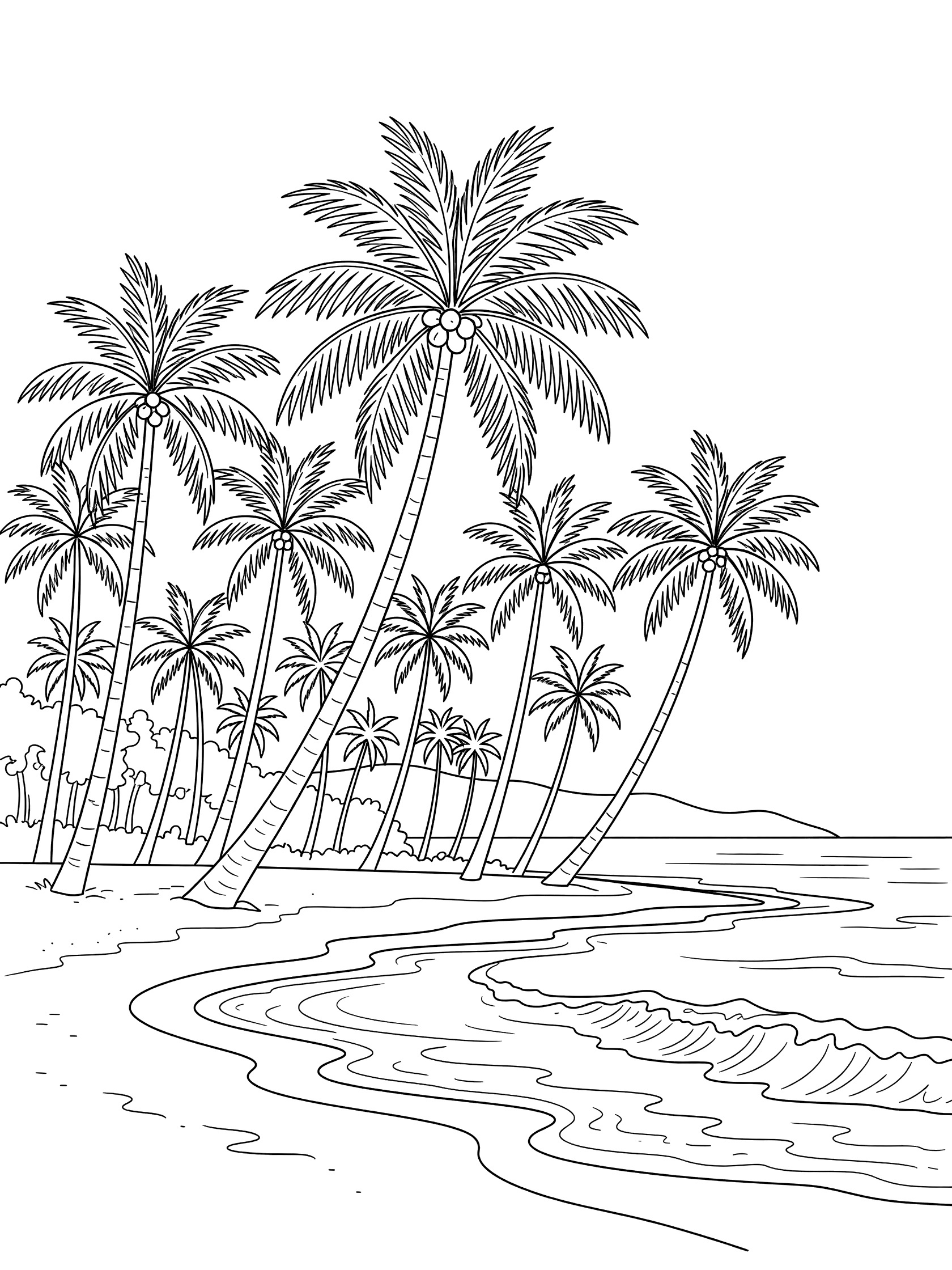 Black and white line art coloring page of palm trees along a beach with curving ocean waves and sandy shore. Waimea Bay themed black and white printable line art