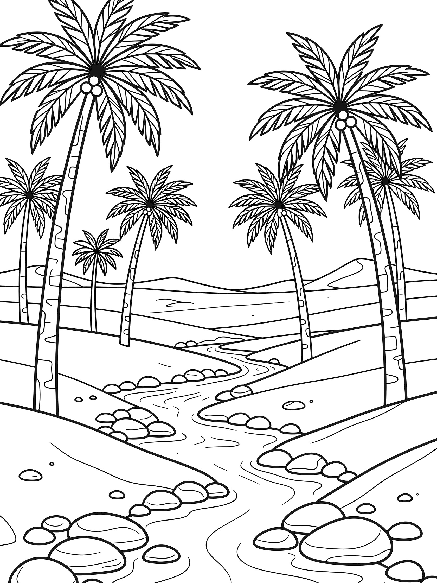 Black-and-white coloring page of palm trees swaying by a rocky wadi in the Arabian Desert