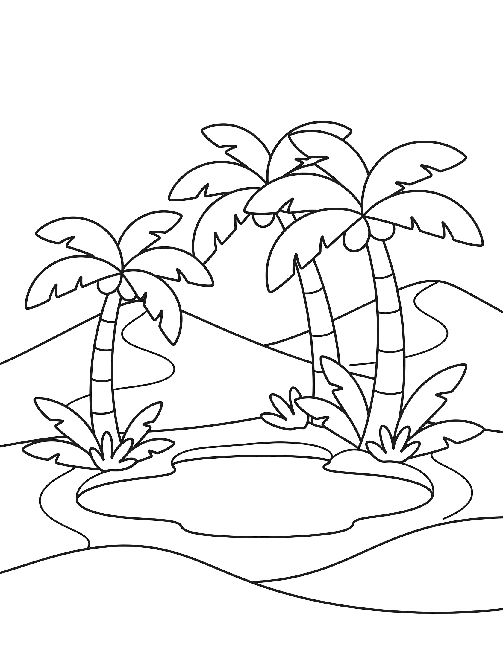Black and white coloring page showing swaying palm trees around a small oasis pool beside curved sand dunes in a sunny desert.