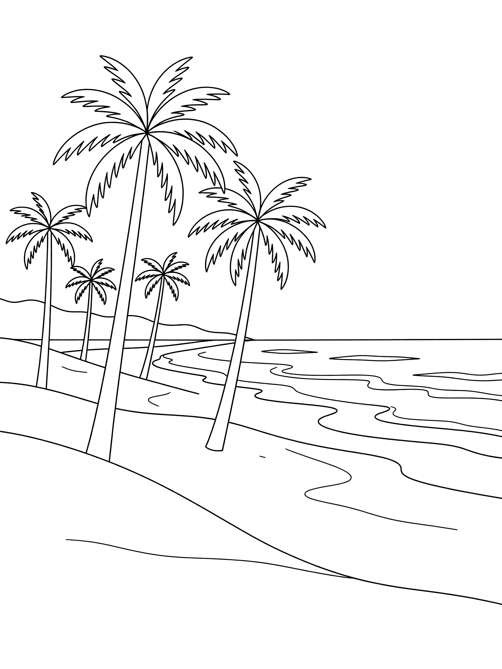 Black and white line art coloring page showing several tall palm trees with fronds on a beach with sand dunes and calm ocean waves. J-Bay themed black and white printable line art