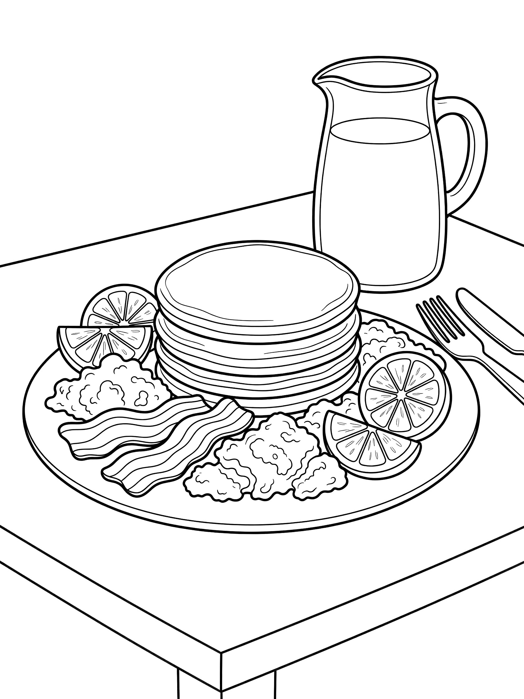 Black and white coloring page showing a breakfast platter with stacked pancakes, bacon strips, scrambled eggs, orange slices, juice jug in the background, and fork and knife on a table.