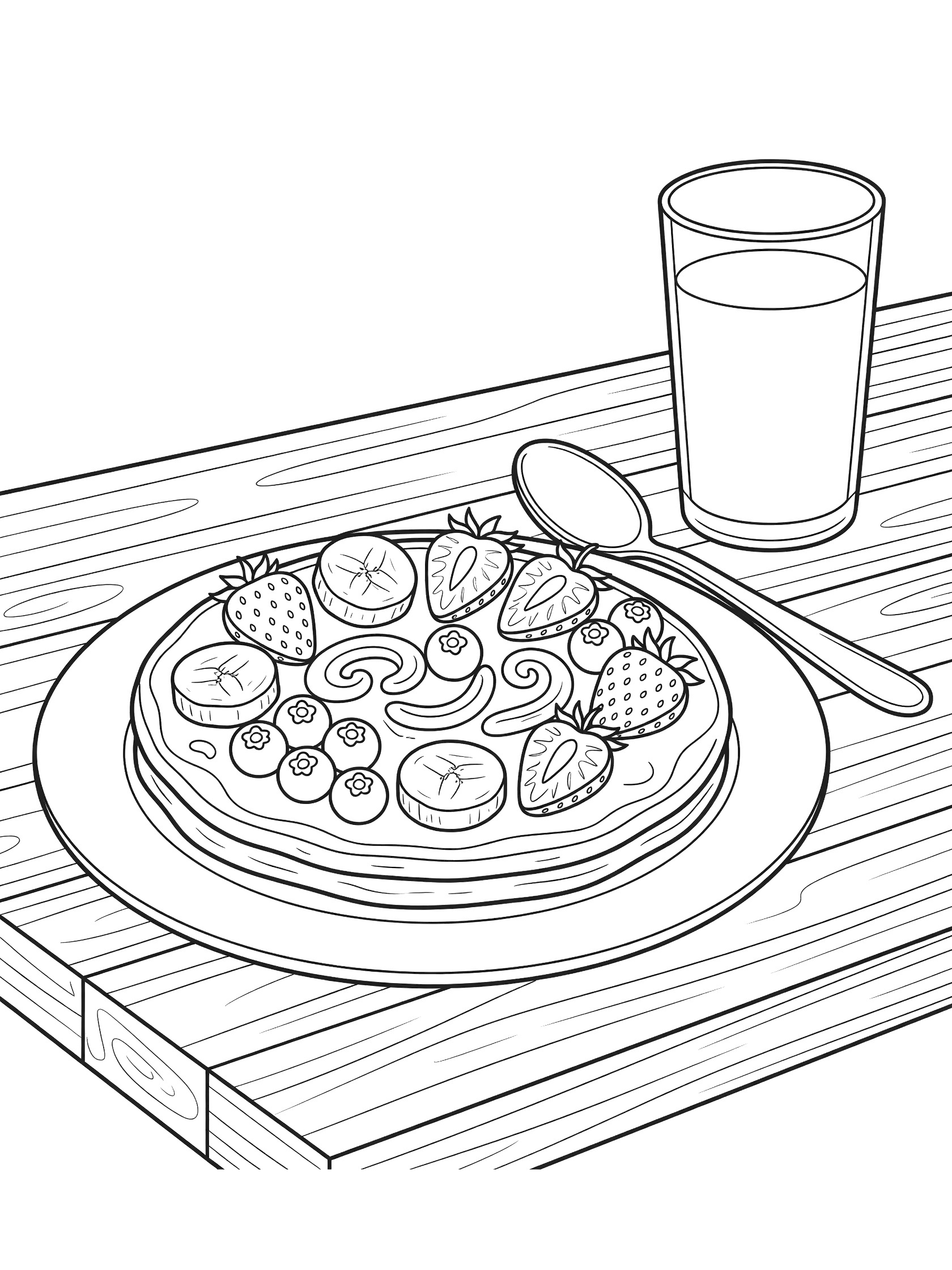 Line art coloring page showing a large pancake on a plate topped with strawberries, bananas and blueberries in patterns, spoon nearby and glass of milk on wooden kitchen counter.