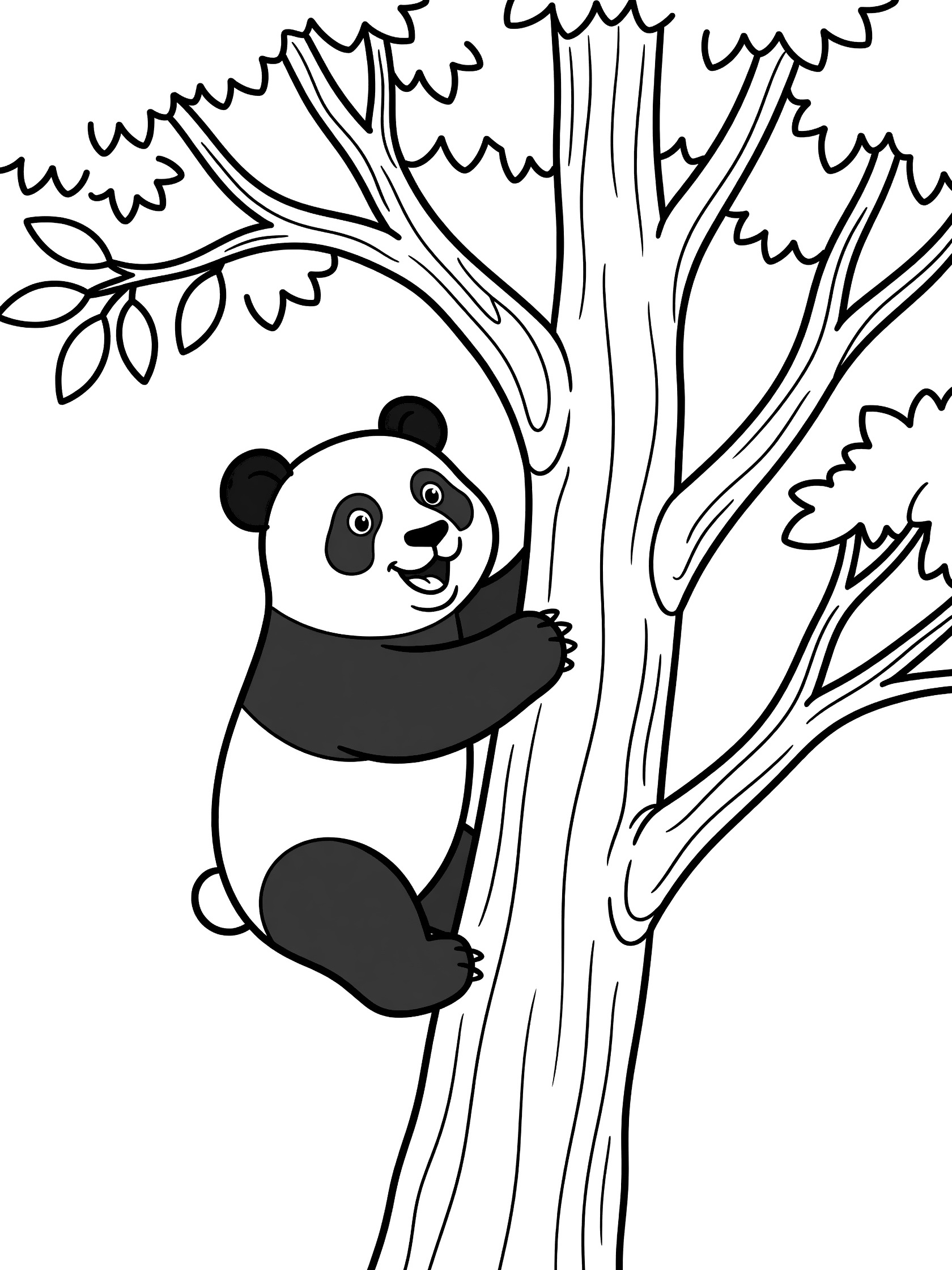 Black and white coloring page of a cute panda bear climbing a tree with paws on the trunk, big smile, ears, tail, and leafy branches above.