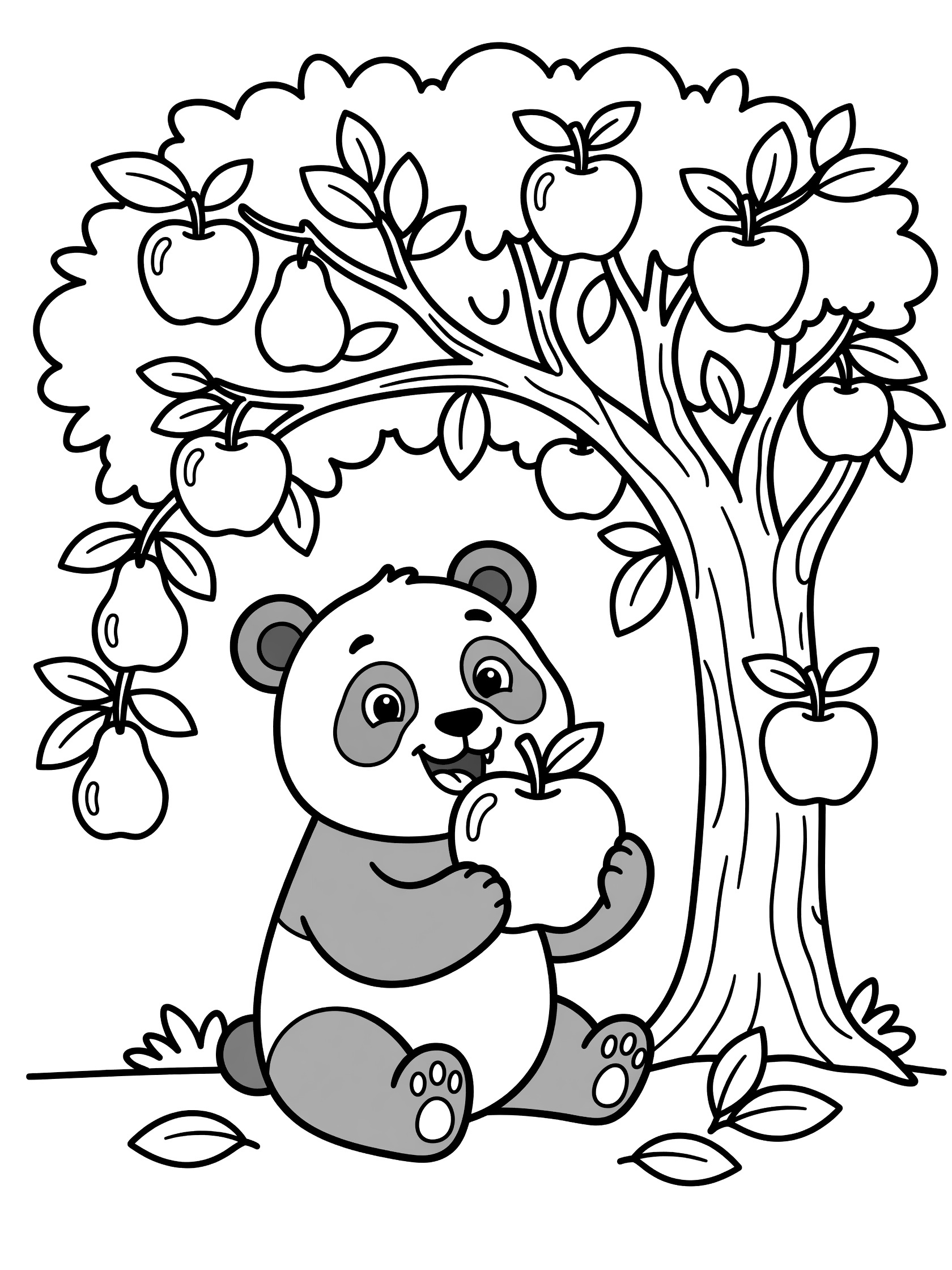 Black and white coloring page of a happy panda bear biting into a large apple while sitting under a tree loaded with apples and pears.