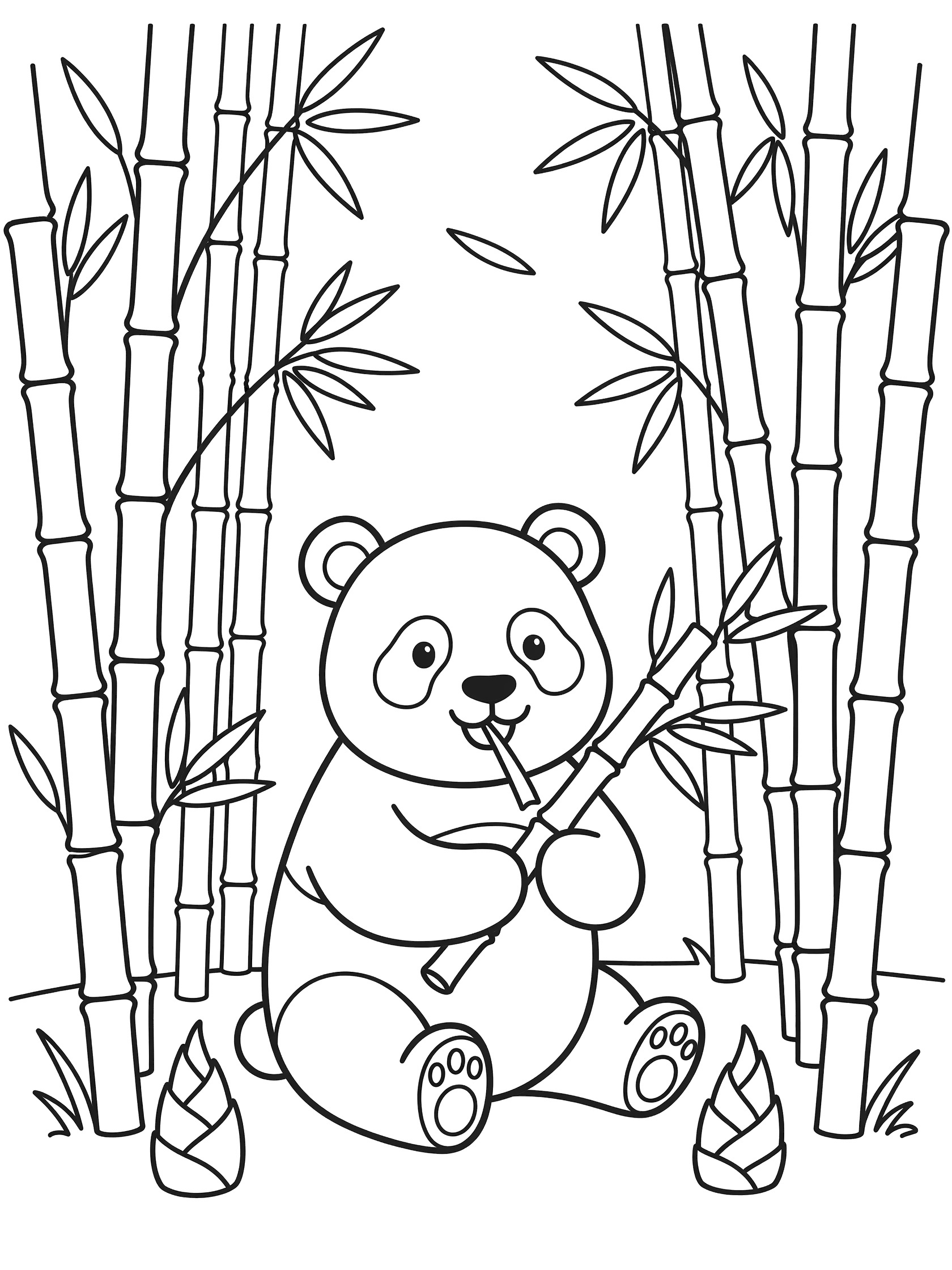 Black and white line art coloring page of a cute panda bear sitting and eating a bamboo stalk with bamboo plants around it. Bamboo Forests themed black and white printable line art