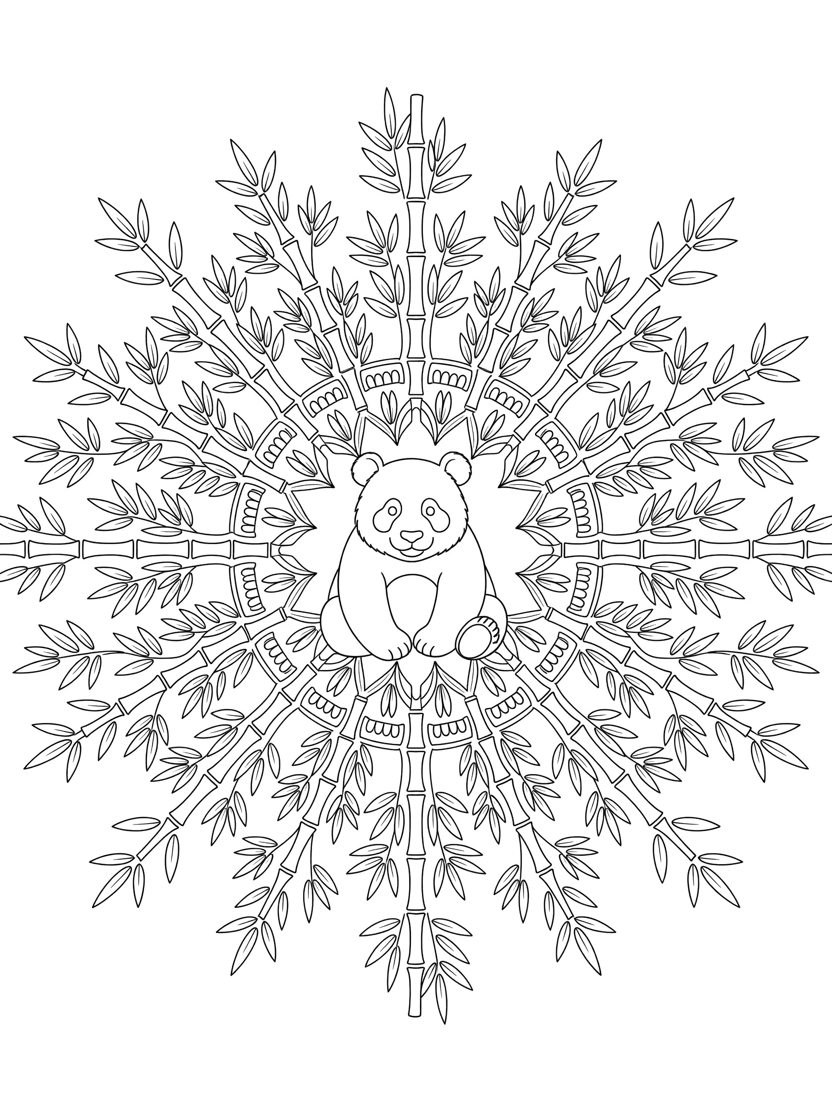 Printable coloring page featuring a central panda encircled by intricate symmetrical bamboo patterns and leaves in mandala style