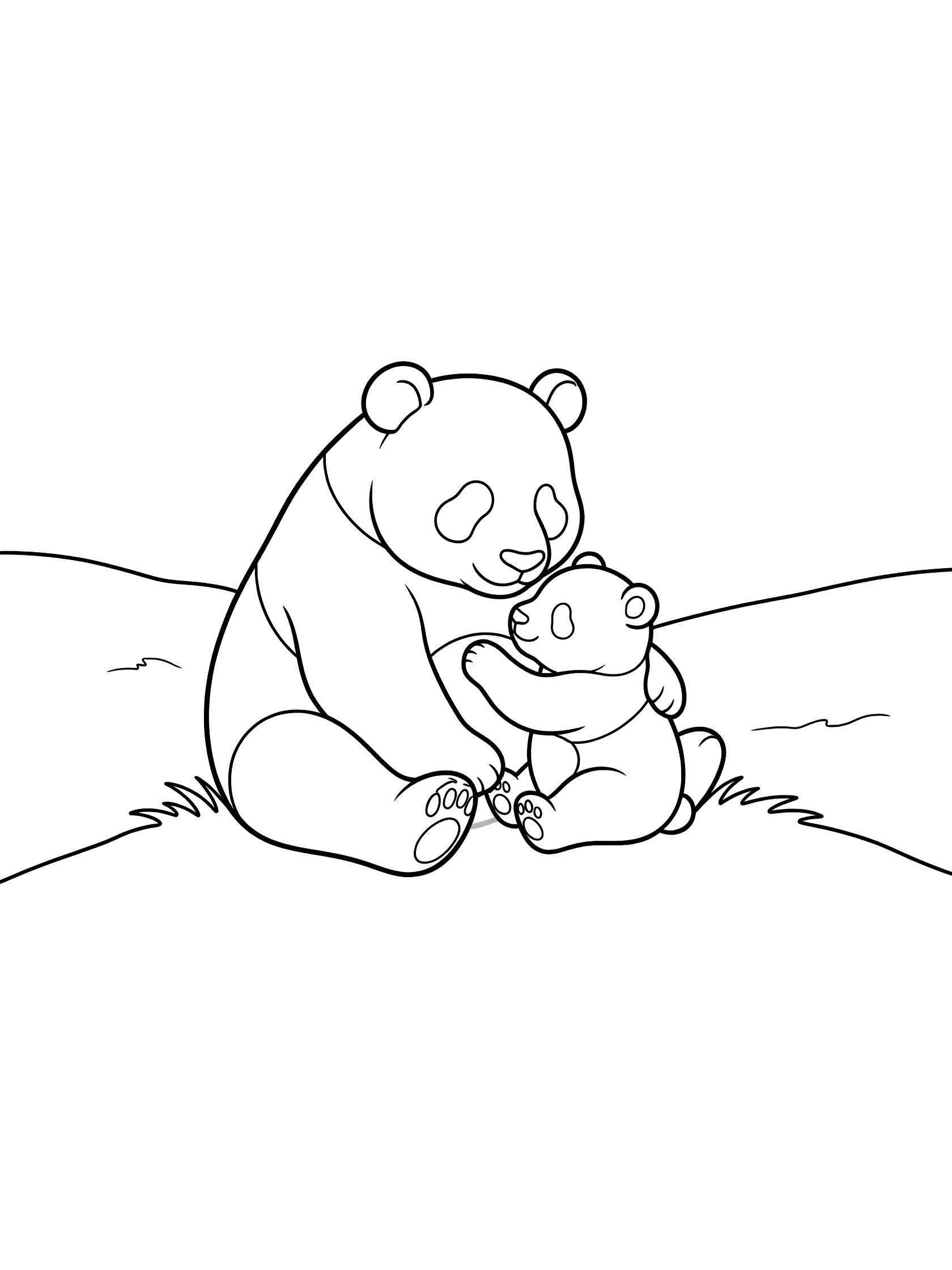 Black and white line art coloring page showing a mother panda sitting and hugging her small baby panda cub on grass with simple hills.