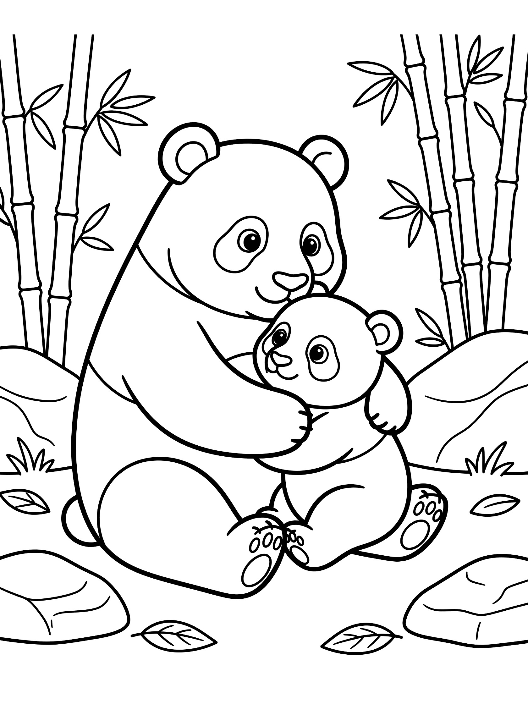 Black and white line art coloring page showing a mother panda hugging a small baby panda on the forest floor with bamboo stalks, rocks, grass, and leaves.
