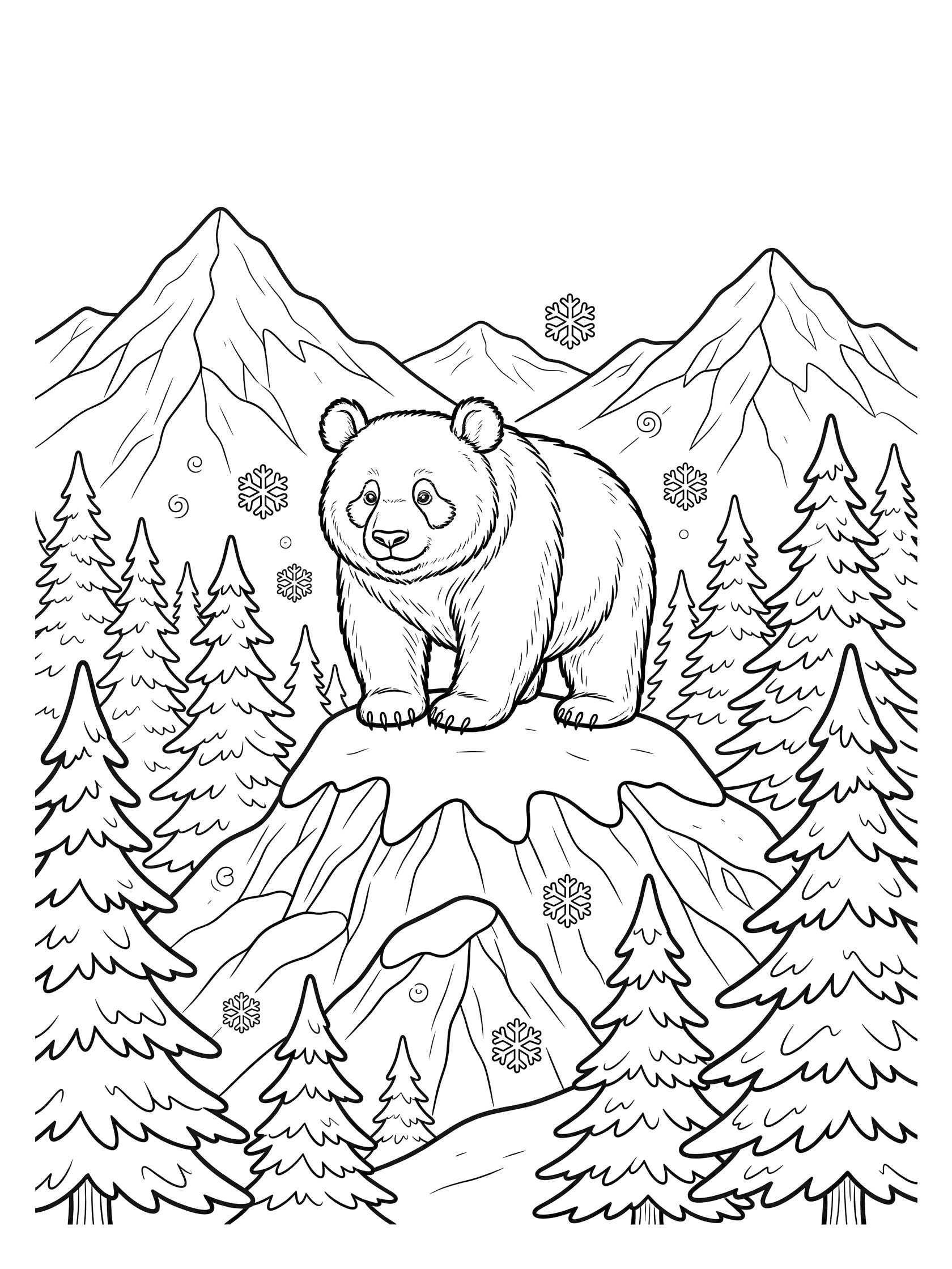 Black and white line art coloring page showing a fluffy panda on a snowy mountain top surrounded by pine trees and swirling snowflakes