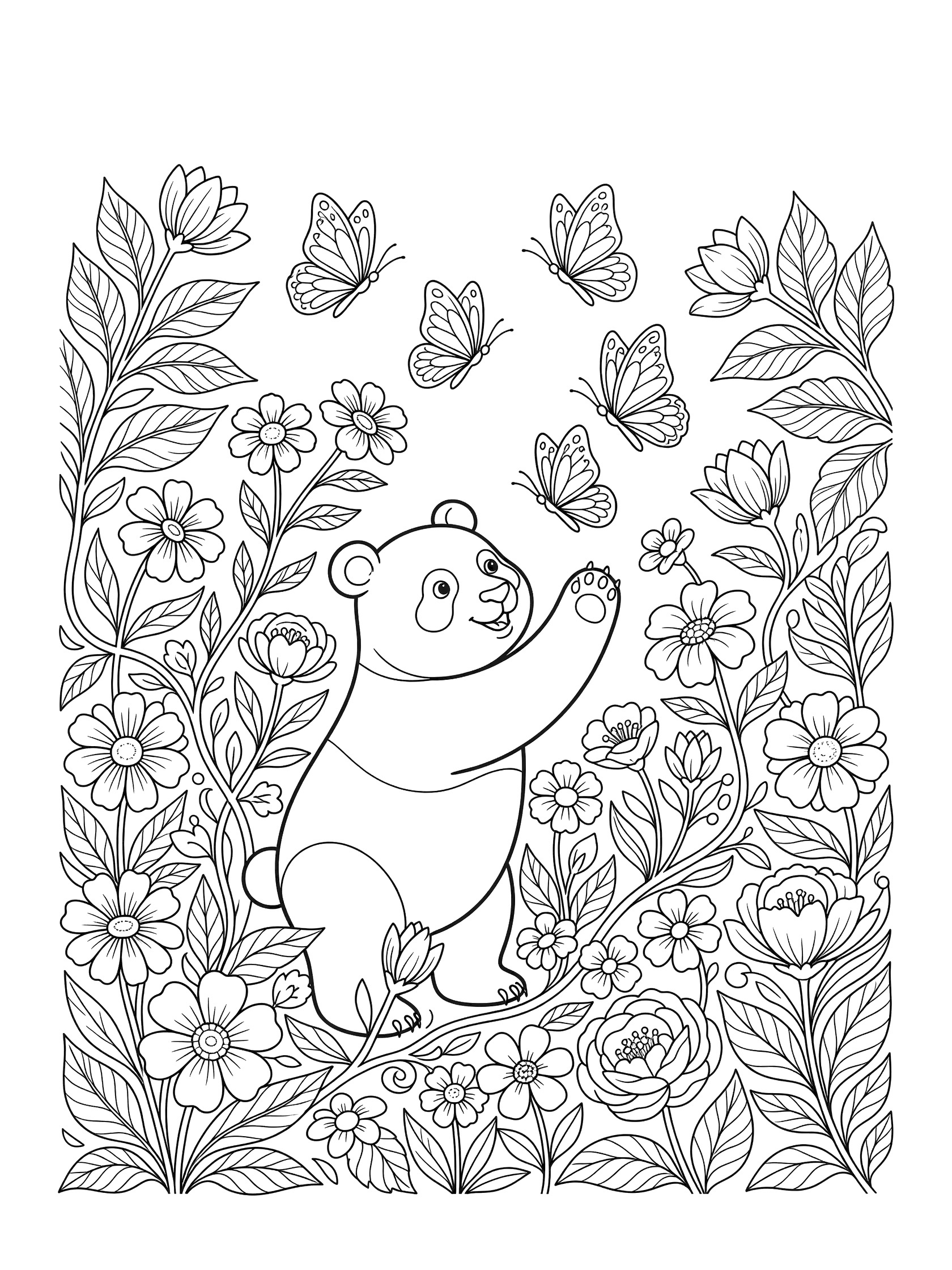 Black and white line art coloring page showing a panda standing on hind legs reaching up with one paw toward flying butterflies surrounded by blooming flowers and leafy vines.