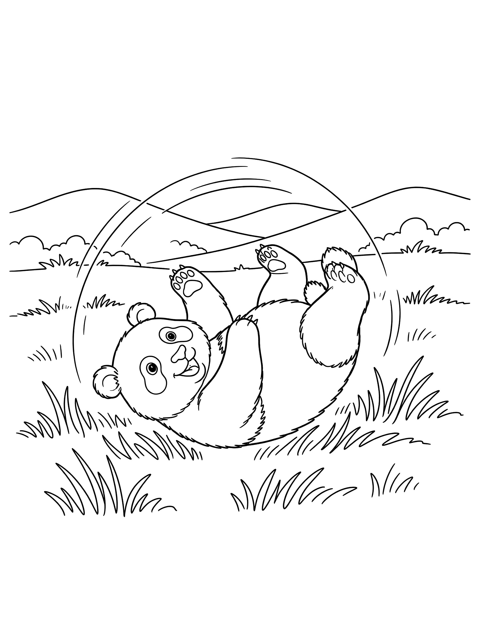 Black and white line art coloring page showing a panda bear rolling inside a hoop on grassy ground with rolling hills in the background.