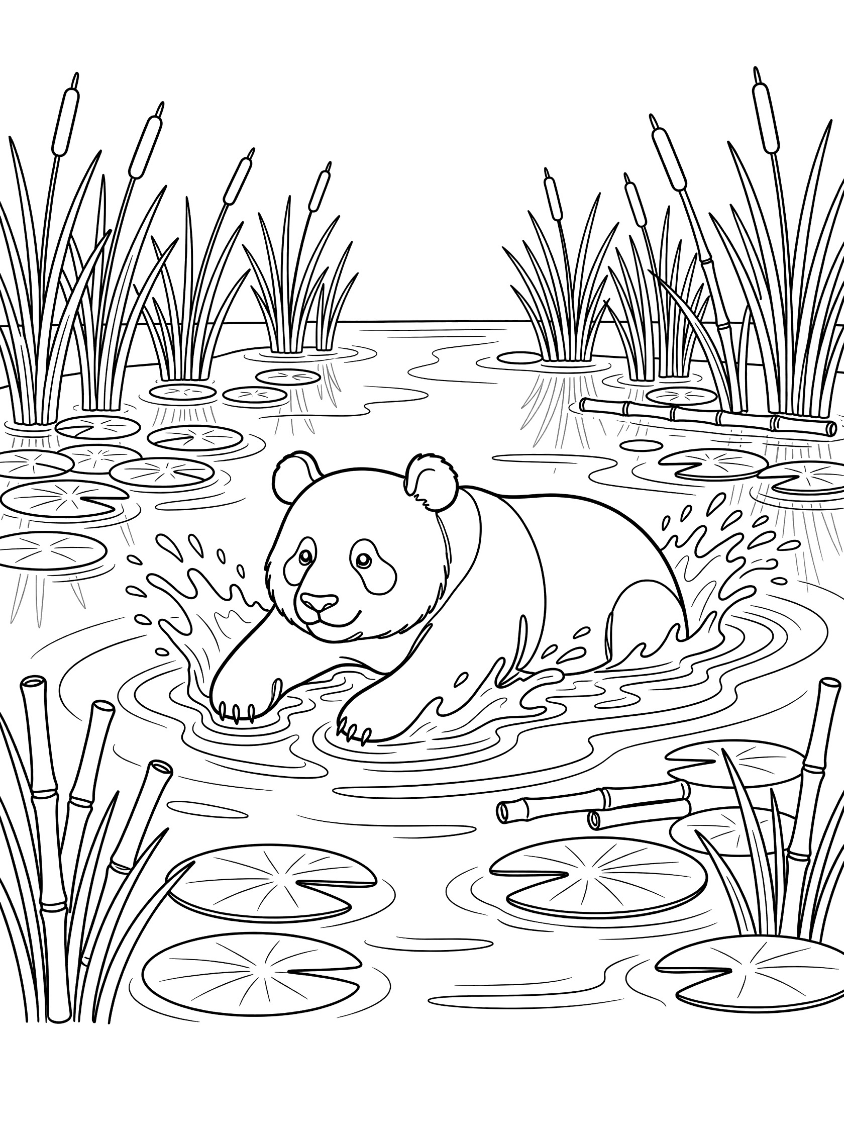 Black and white line art coloring page showing a panda paddling in a pond surrounded by reeds, lily pads, bamboo stalks, and splashing water.