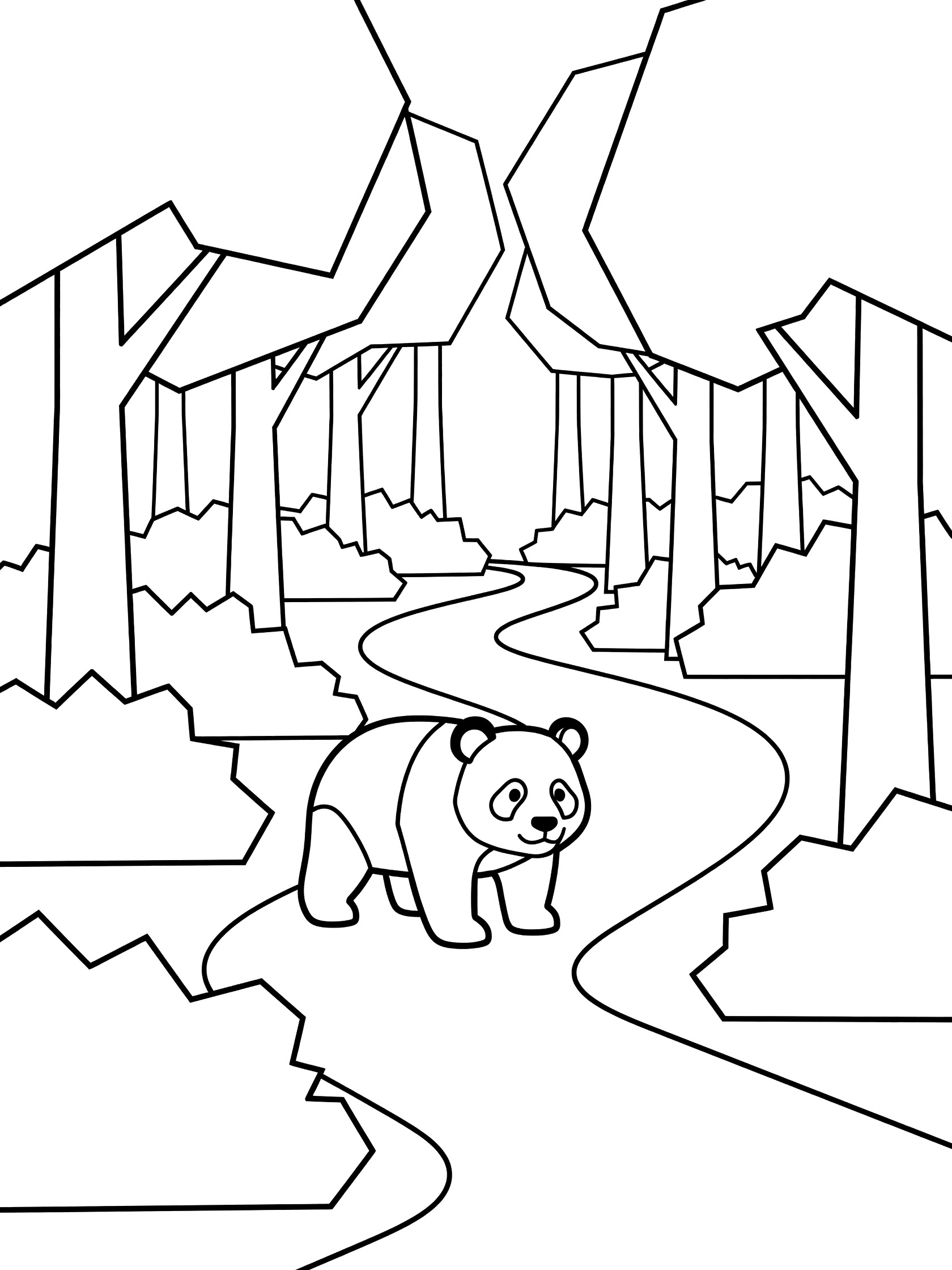 Black and white coloring page of a panda bear walking on a curvy path through geometric trees and bushes in a forest