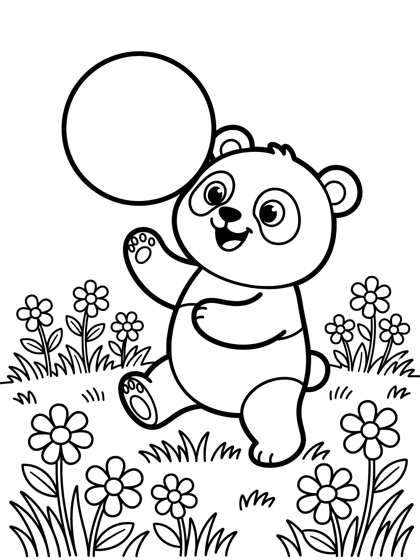Cute cartoon panda balancing a large round balloon on its nose in a meadow with grass and flowers, black and white line art coloring page